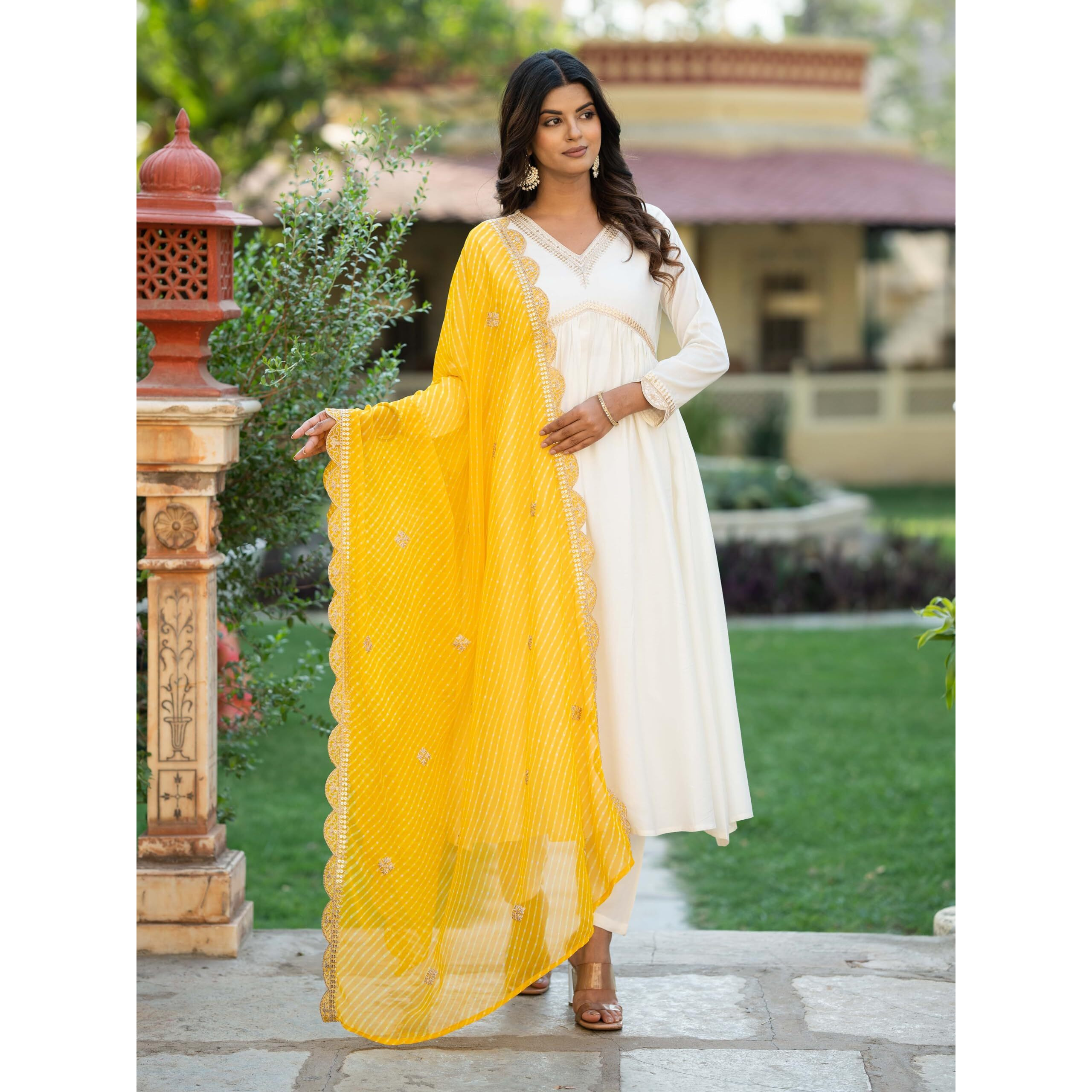 Navlik Women's Chanderi Embroidered Flared Kurta with Pant and Dupatta Sets (NK-463) (Size Medium, Color Yellow)