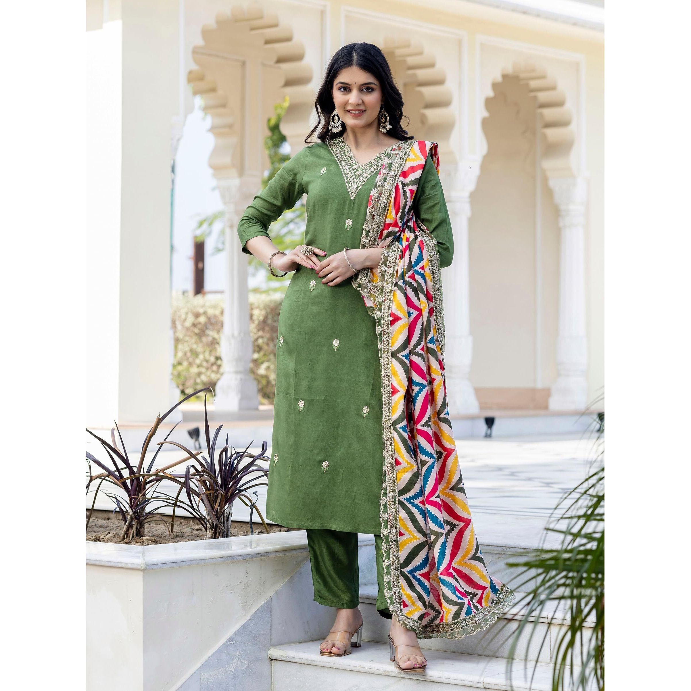 Navlik Women's Viscose Embroidered Straight Kurta with Pant and Dupatta Sets (NK-467) (Size Large, Color Pista)