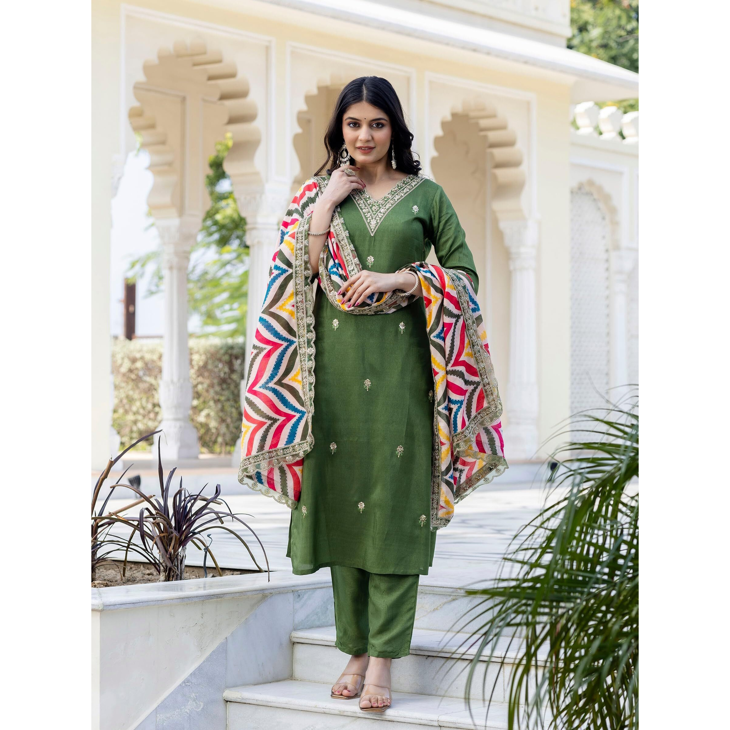 Navlik Women's Viscose Embroidered Straight Kurta with Pant and Dupatta Sets (NK-467) (Size XX-Large, Color Pista)