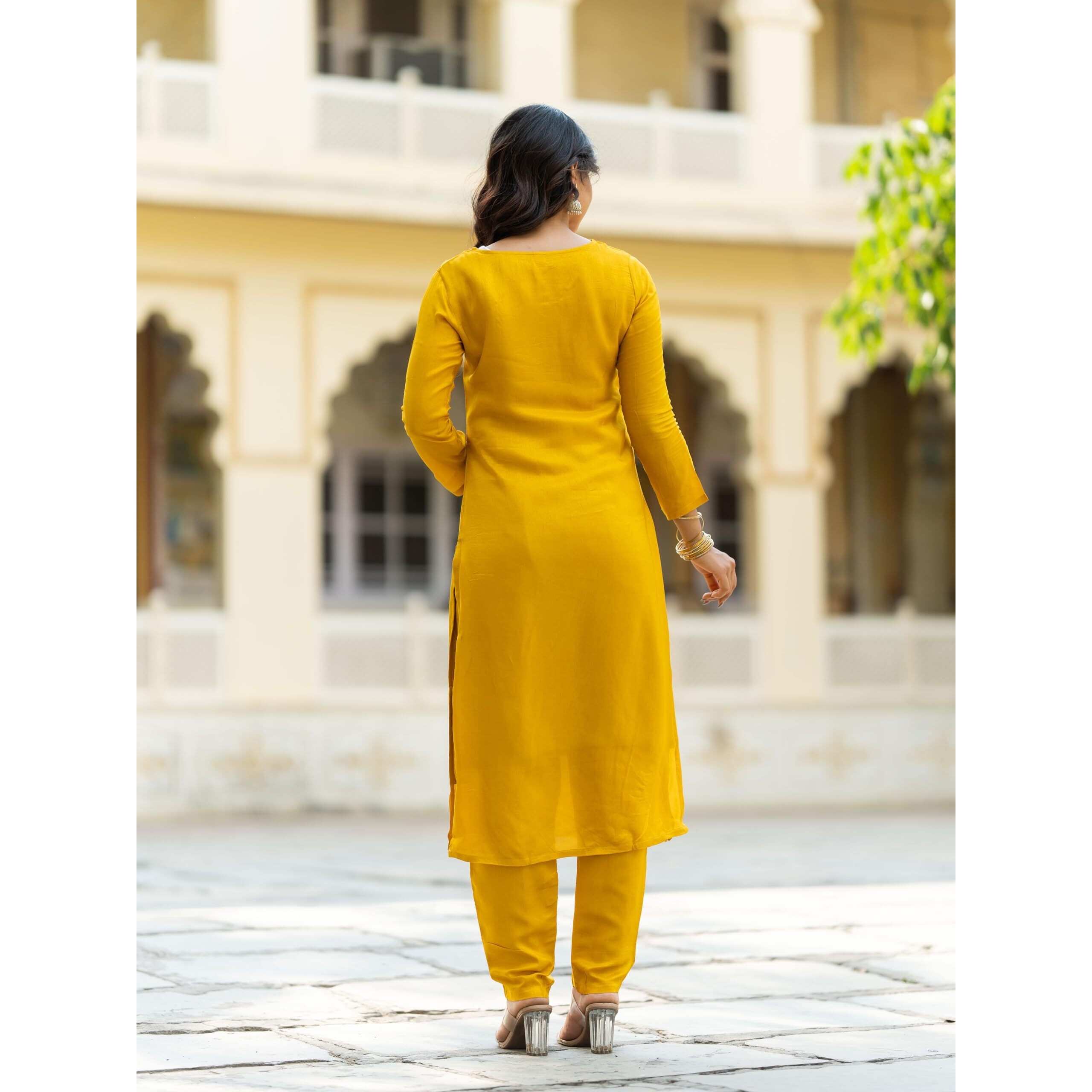 Navlik Women's Viscose Embroidered Straight Kurta with Pant And Dupatta Sets (NK-468) (Size XX-Large, Color Yellow)