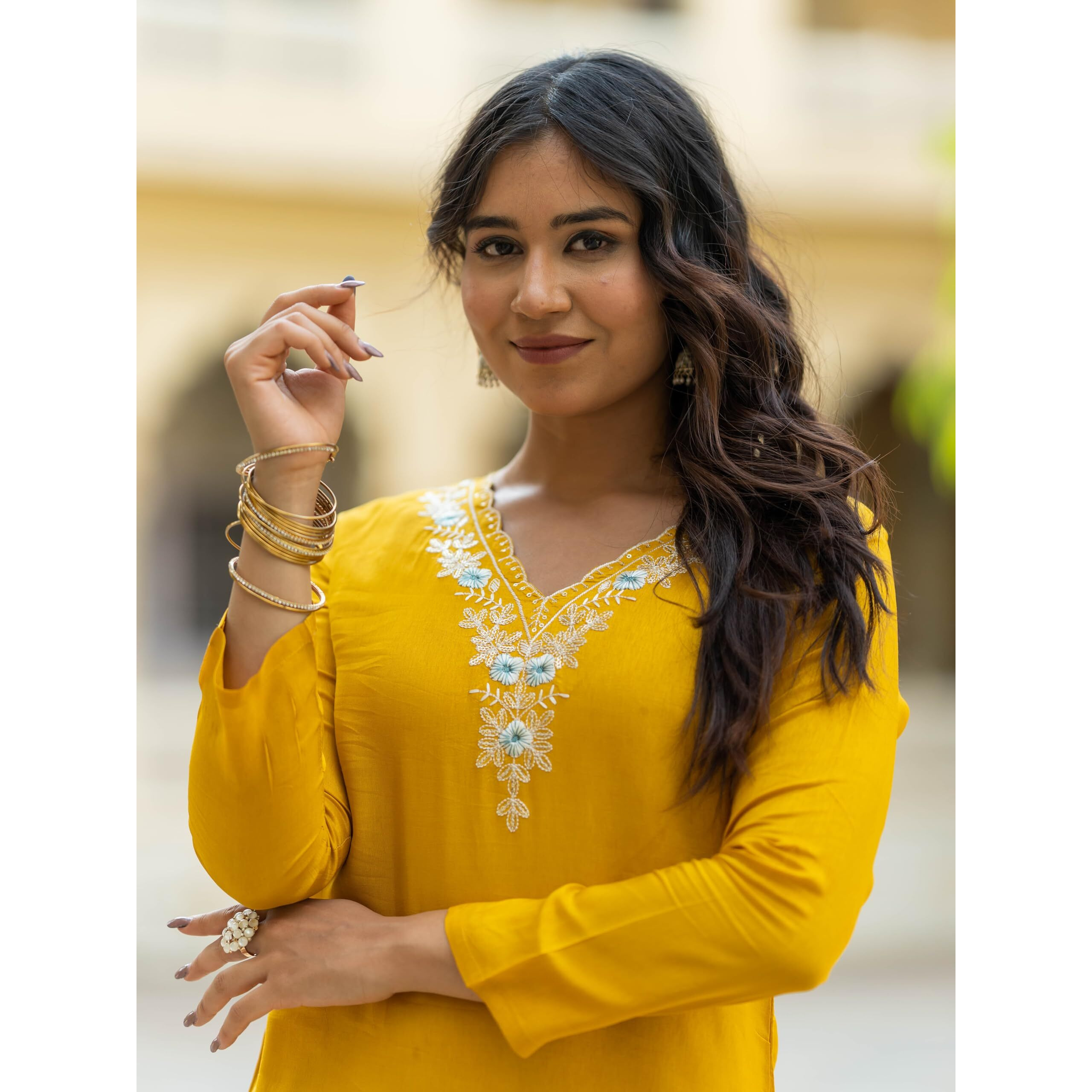 Navlik Women's Viscose Embroidered Straight Kurta with Pant And Dupatta Sets (NK-468) (Size XX-Large, Color Yellow)