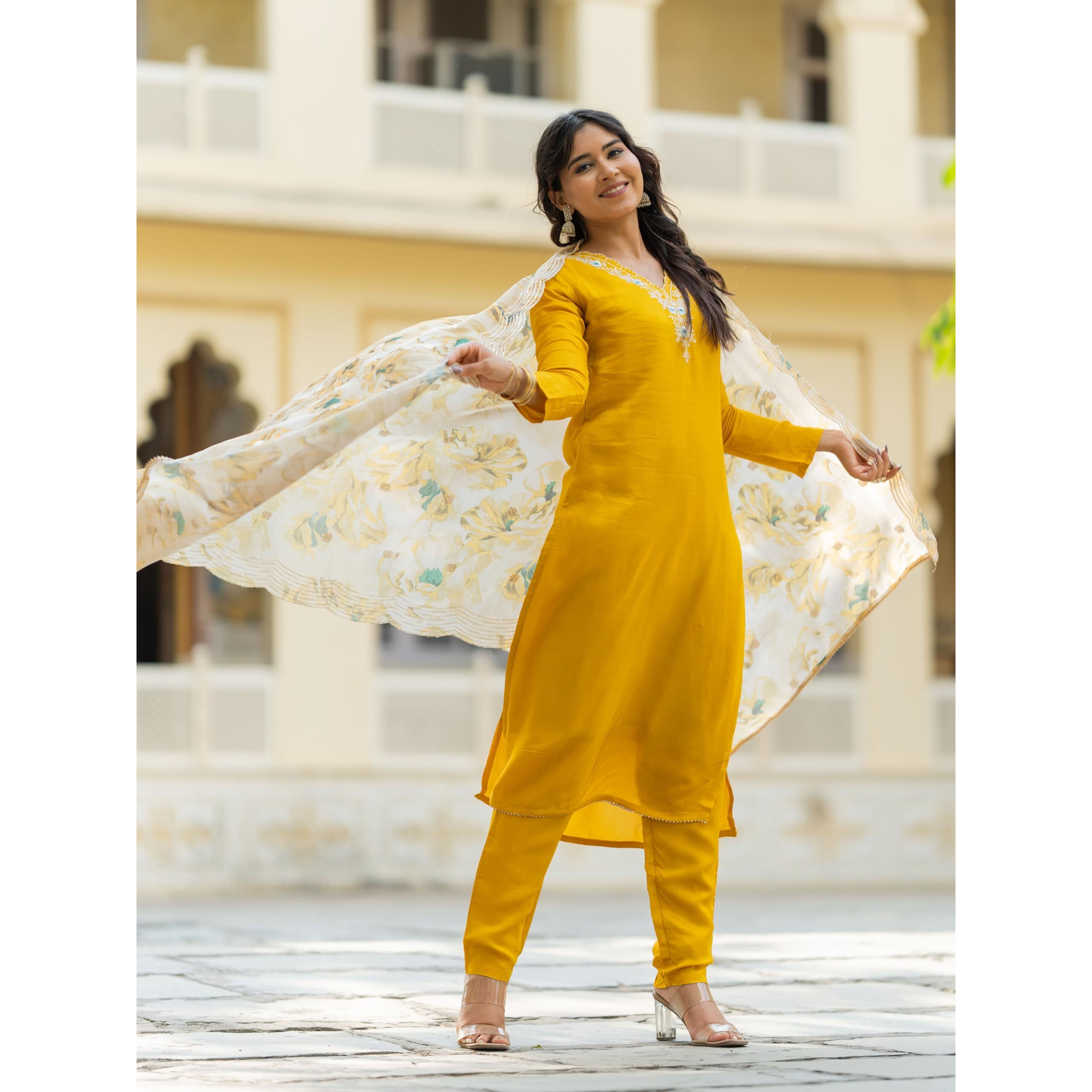 Navlik Women's Viscose Embroidered Straight Kurta with Pant And Dupatta Sets (NK-468) (Size XX-Large, Color Yellow)