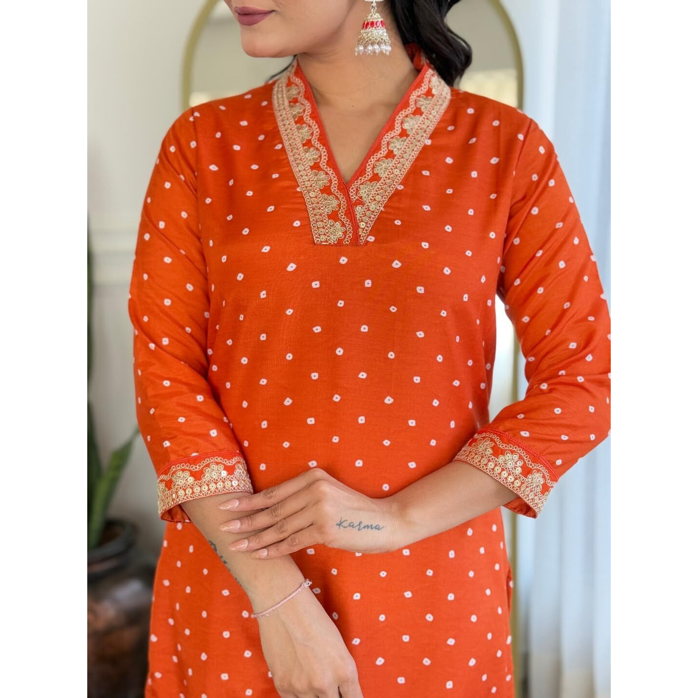 Navlik Women's Vichitra Silk Embroidered Straight Kurta with Pant and Dupatta Sets (NK-470) (Size X-Large, Color Orange)
