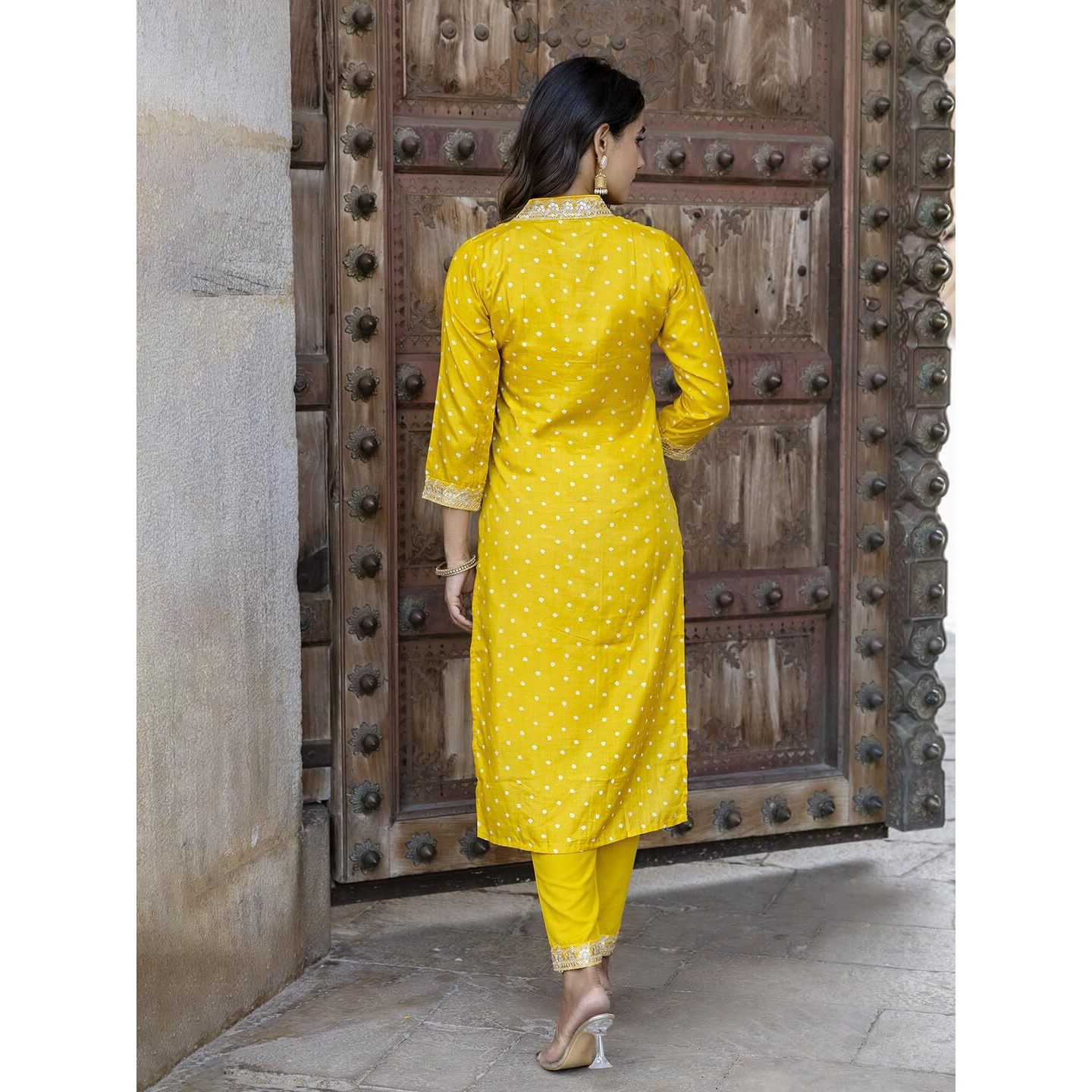 Navlik Women's Vichitra Silk Embroidered Straight Kurta with Pant and Dupatta Sets (NK-470) (Size X-Small, Color Yellow)