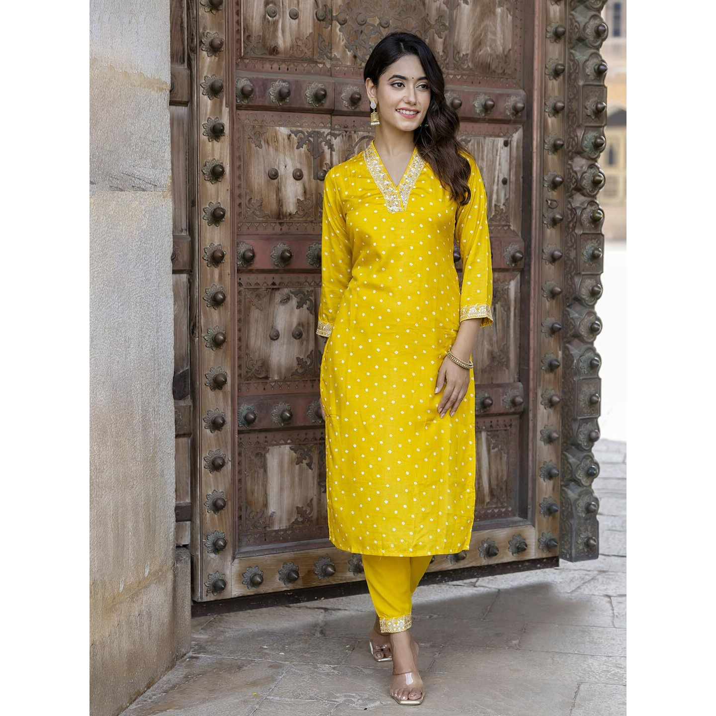 Navlik Women's Vichitra Silk Embroidered Straight Kurta with Pant and Dupatta Sets (NK-470) (Size X-Small, Color Yellow)