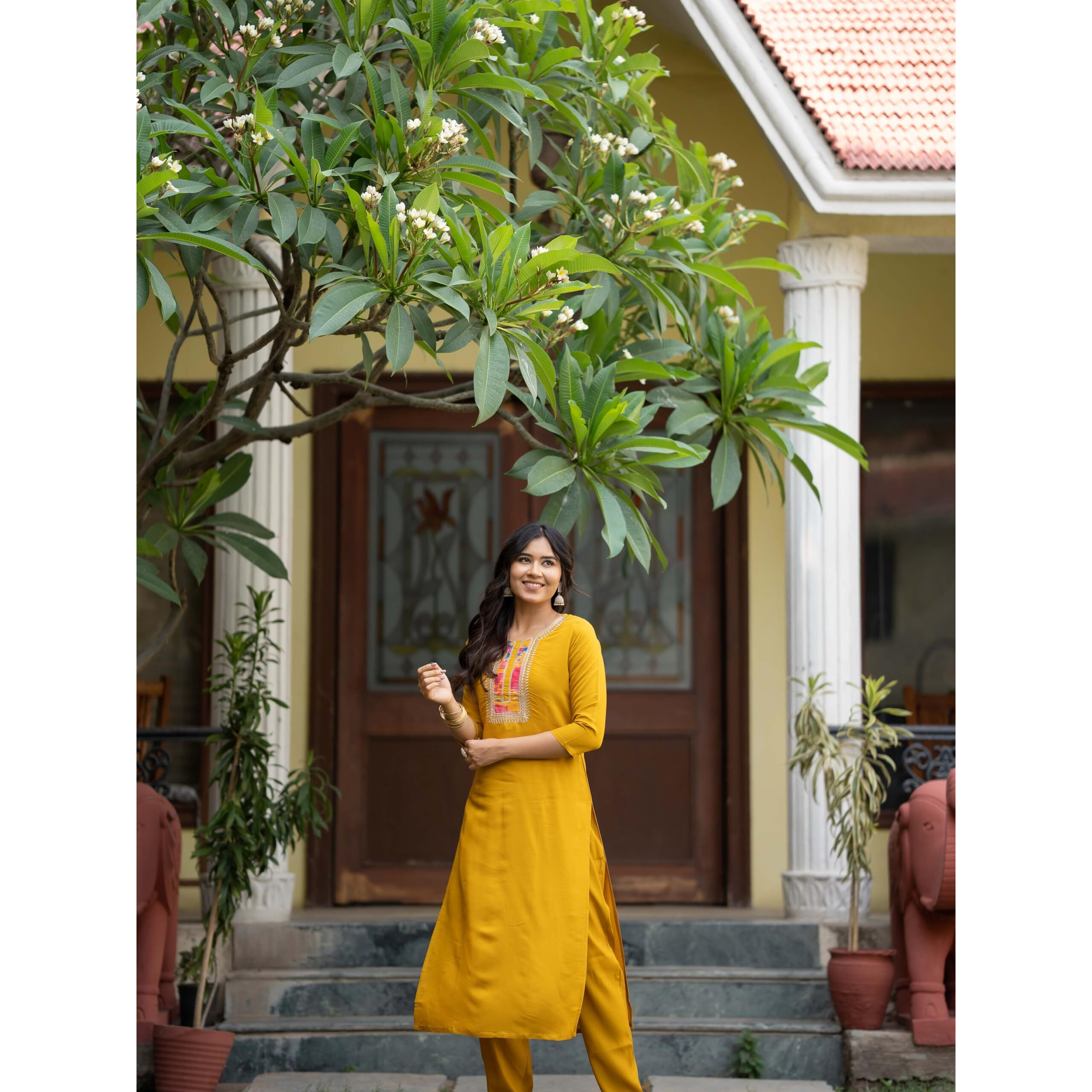 Navlik Women's Rayon Embroidered Straight Kurta with Pant and Dupatta Sets (NK-498) (Size XX-Large, Color Yellow)