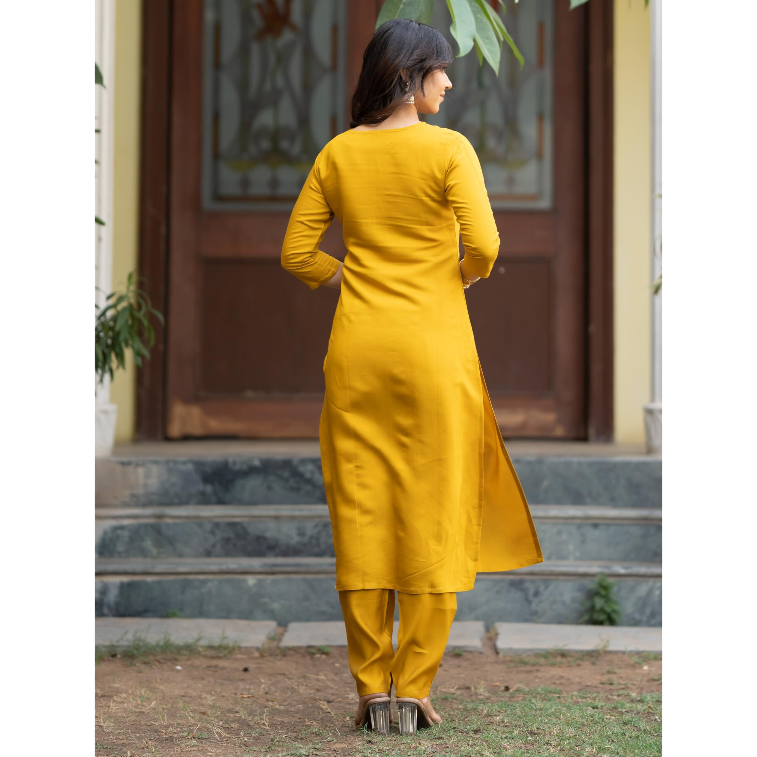 Navlik Women's Rayon Embroidered Straight Kurta with Pant and Dupatta Sets (NK-498) (Size XX-Large, Color Yellow)
