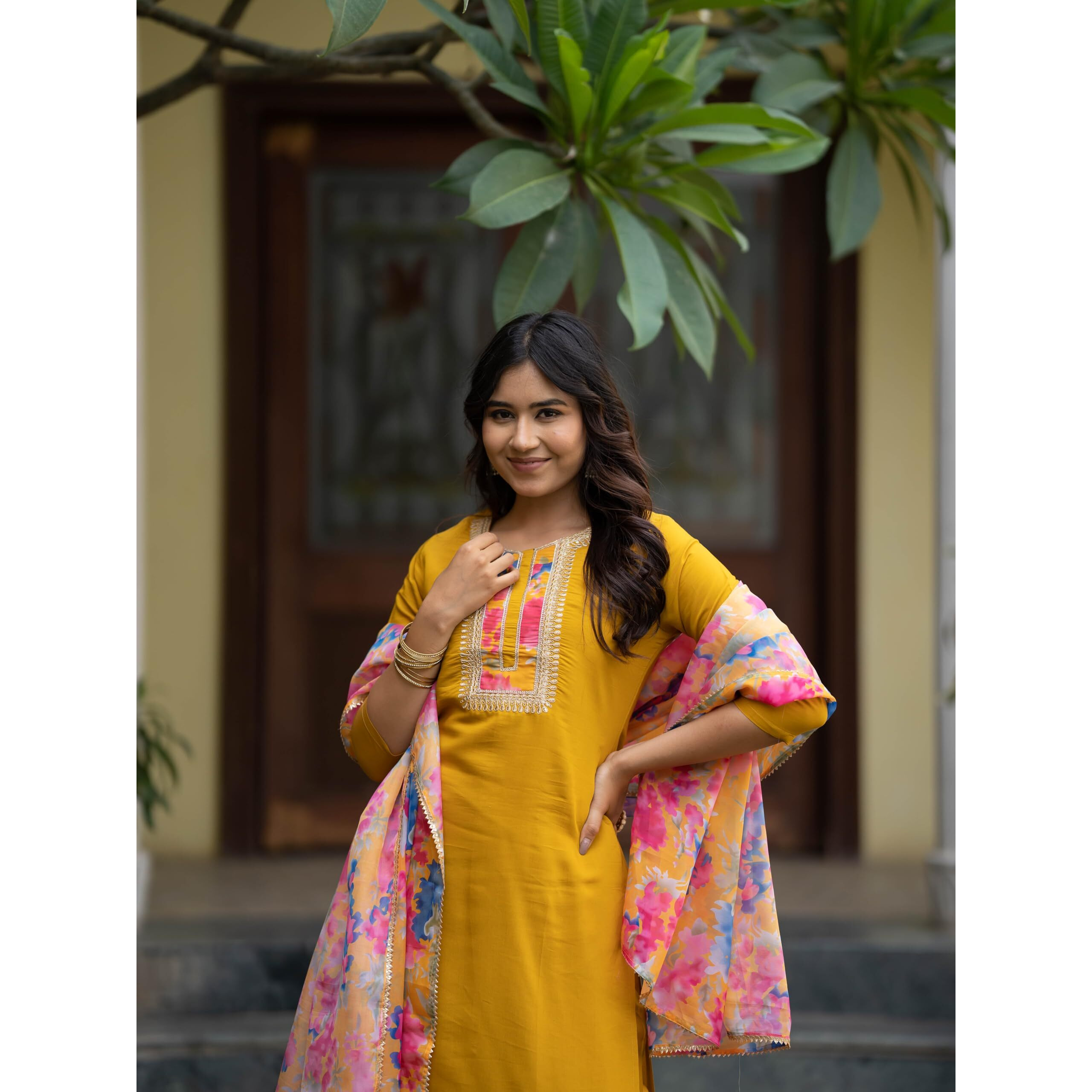 Navlik Women's Rayon Embroidered Straight Kurta with Pant and Dupatta Sets (NK-498) (Size XX-Large, Color Yellow)