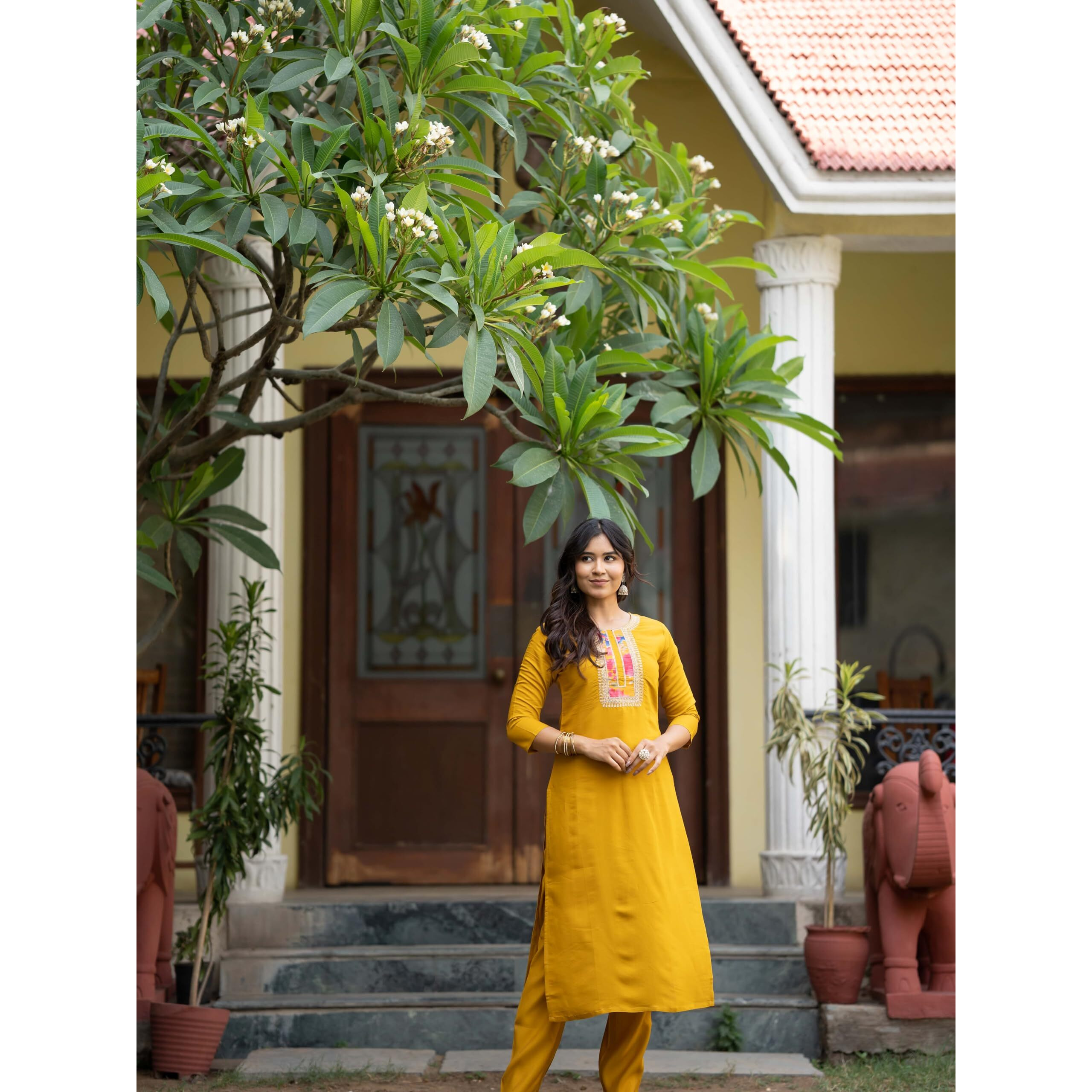 Navlik Women's Rayon Embroidered Straight Kurta with Pant and Dupatta Sets (NK-498) (Size XX-Large, Color Yellow)