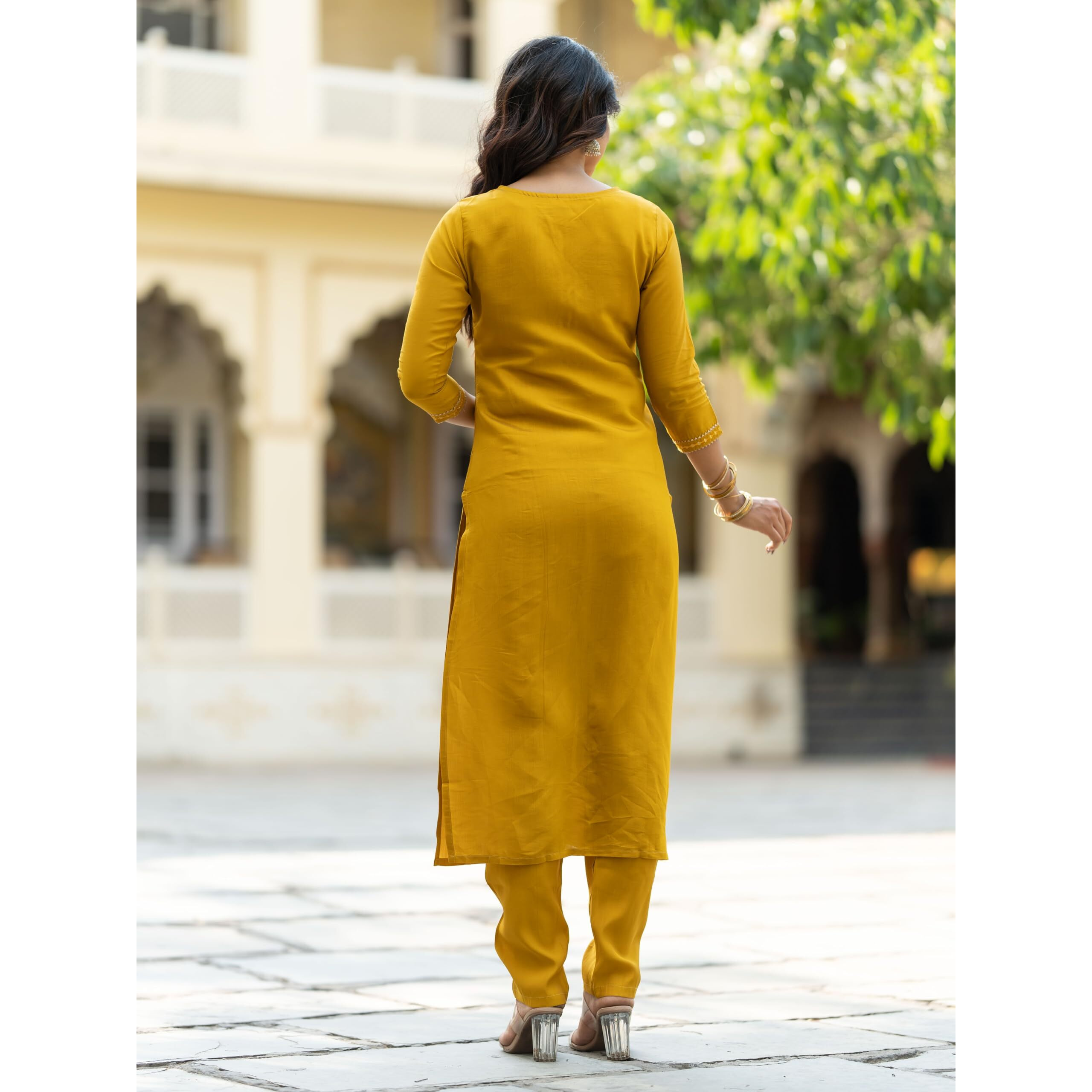 Navlik Women's Rayon Embroidered Straight Kurta with Pant and Dupatta Sets (NK-506) (Size X-Small, Color Yellow)
