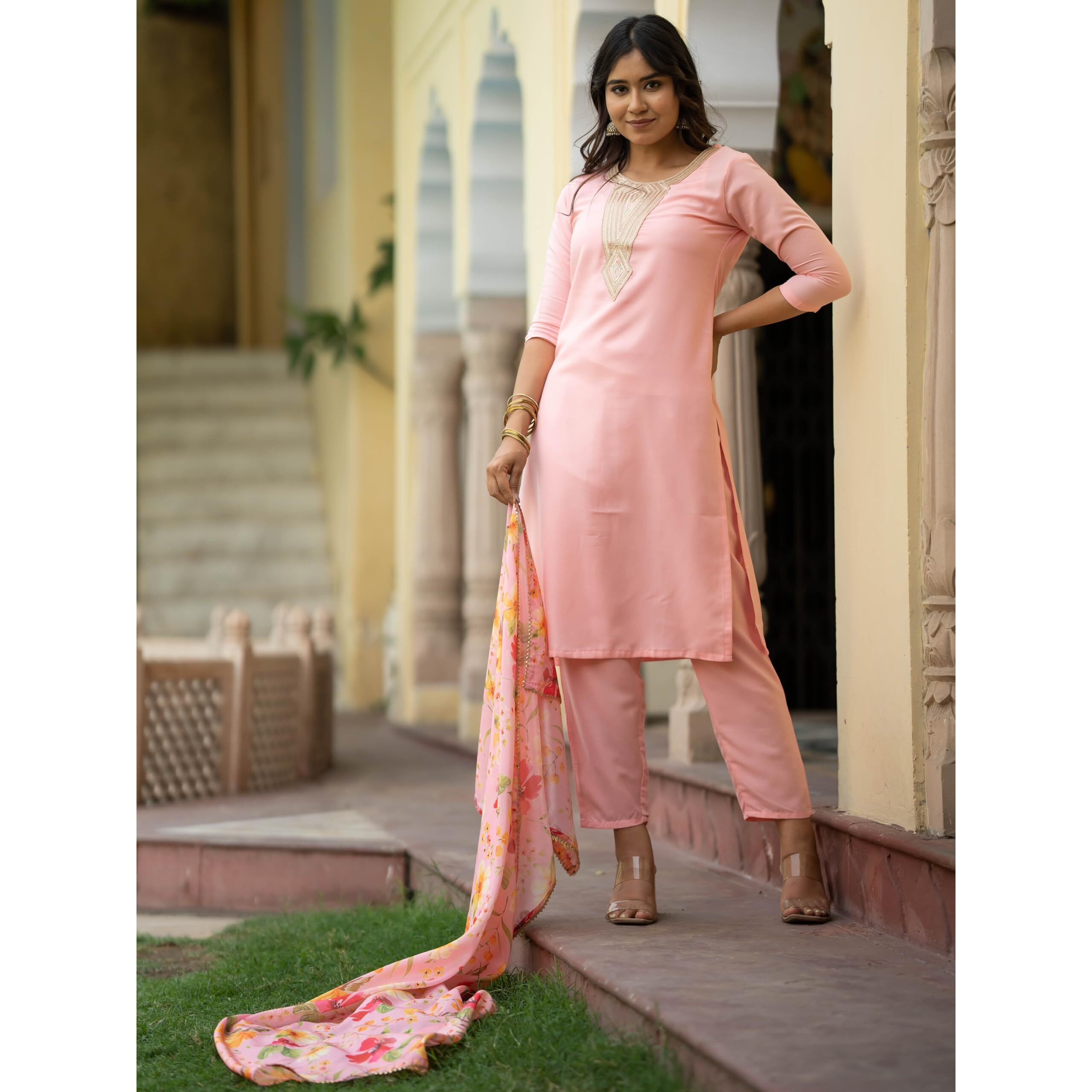 Navlik Women's Rayon Embroidery Printed Straight Kurta with Pant and Dupatta Sets (NK-508) (Size Small, Color Pink)