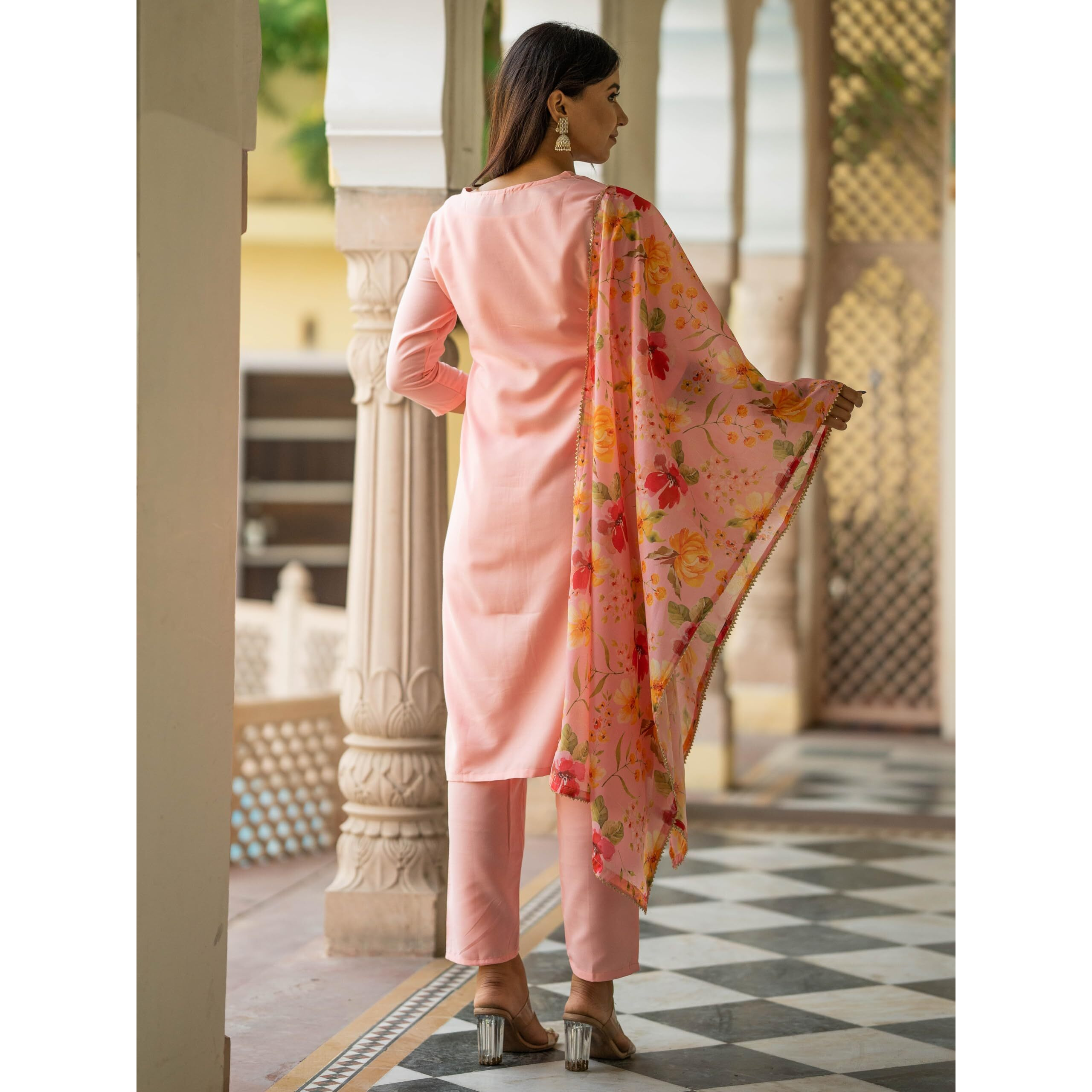 Navlik Women's Rayon Embroidery Printed Straight Kurta with Pant and Dupatta Sets (NK-508) (Size X-Small, Color Pink)
