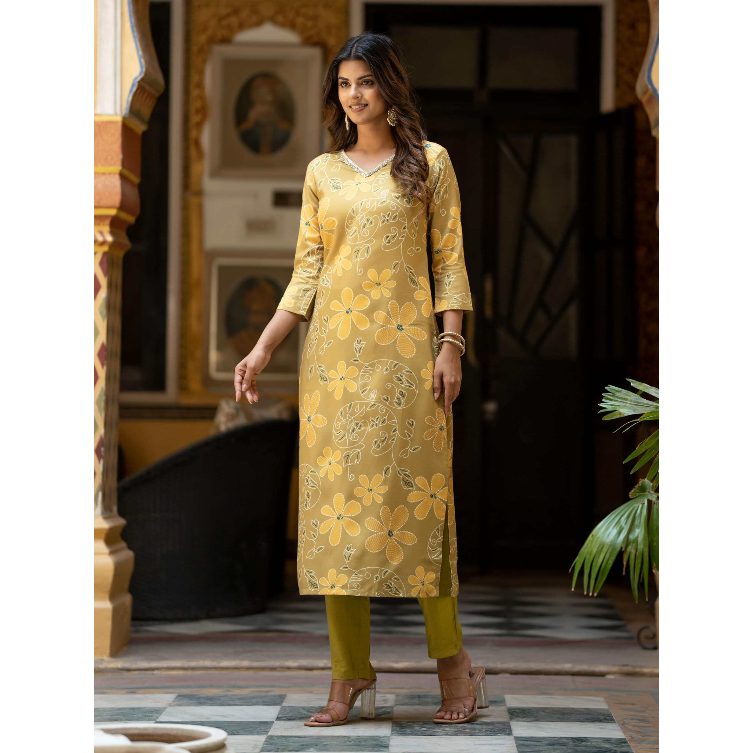 Navlik Women's Rayon Embroidery Printed Straight Kurta with Pant and Dupatta Sets (NK-510) (Size XX-Large, Color Lemon Yellow)