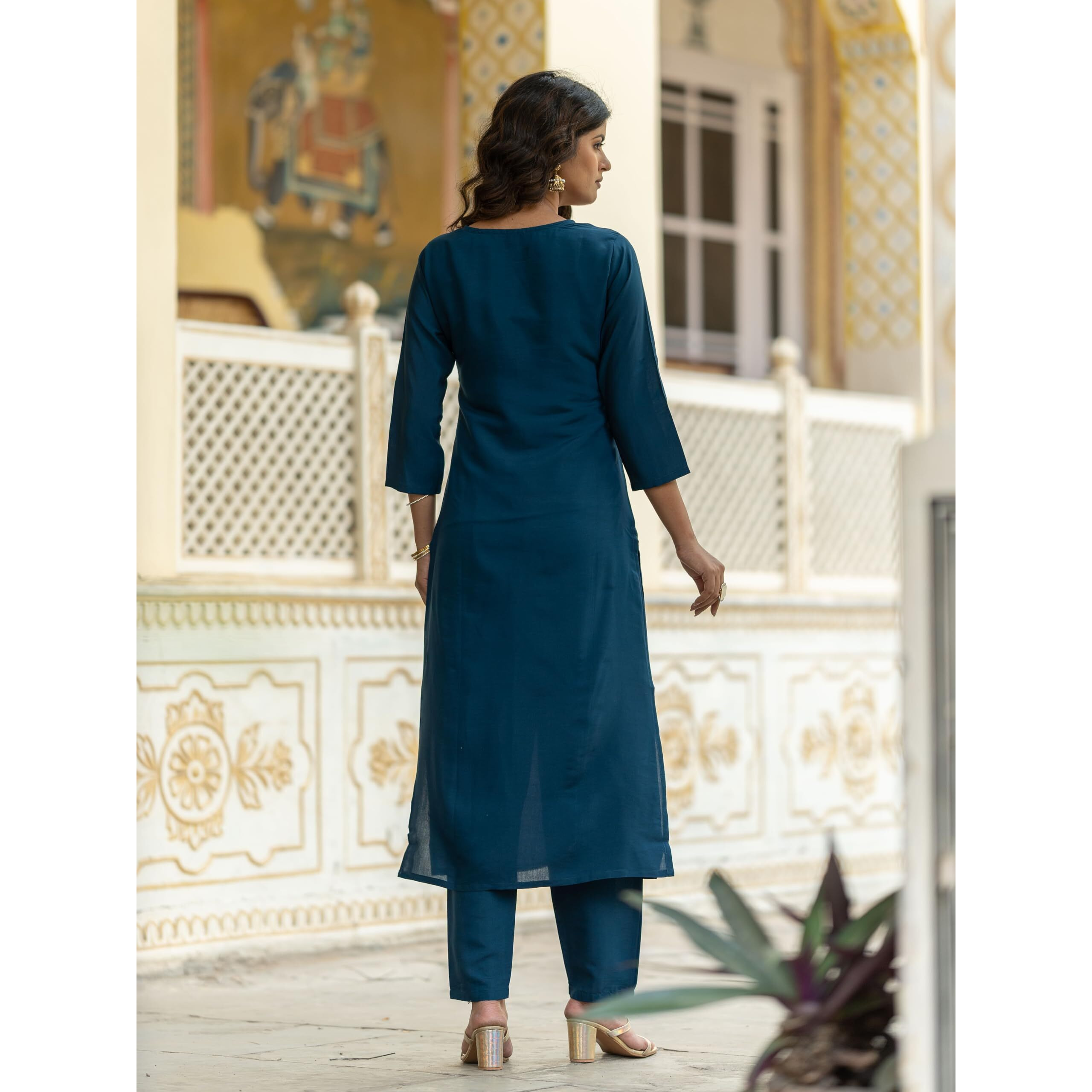 Navlik Women's Rayon Embroidery Printed Straight Kurta with Pant and Dupatta Sets (NK-513) (Size XX-Large, Color Petrol)