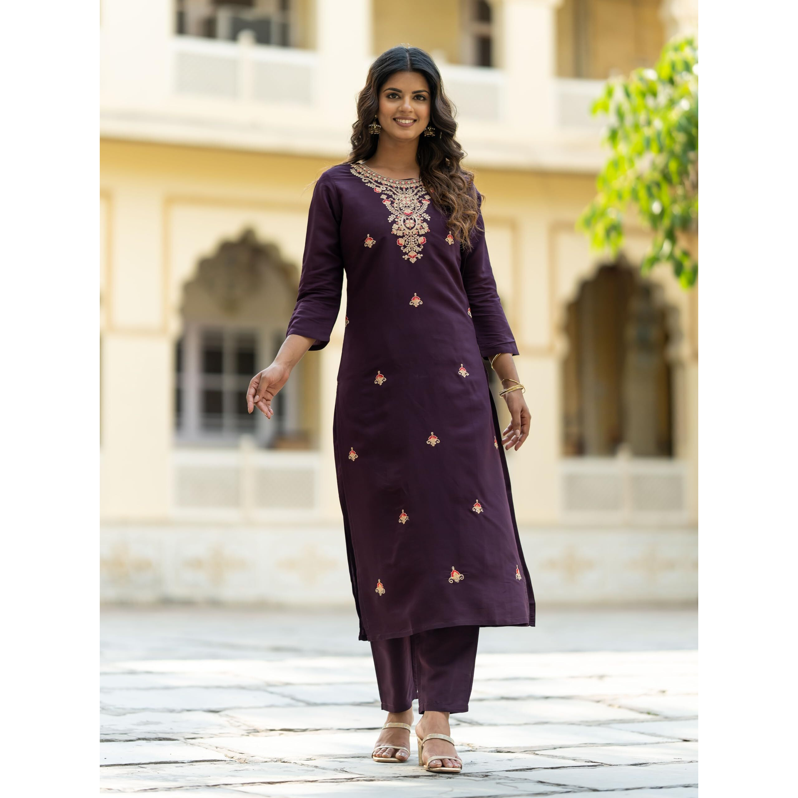 Navlik Women's Rayon Embroidery Printed Straight Kurta with Pant and Dupatta Sets (NK-513) (Size X-Large, Color Wine)
