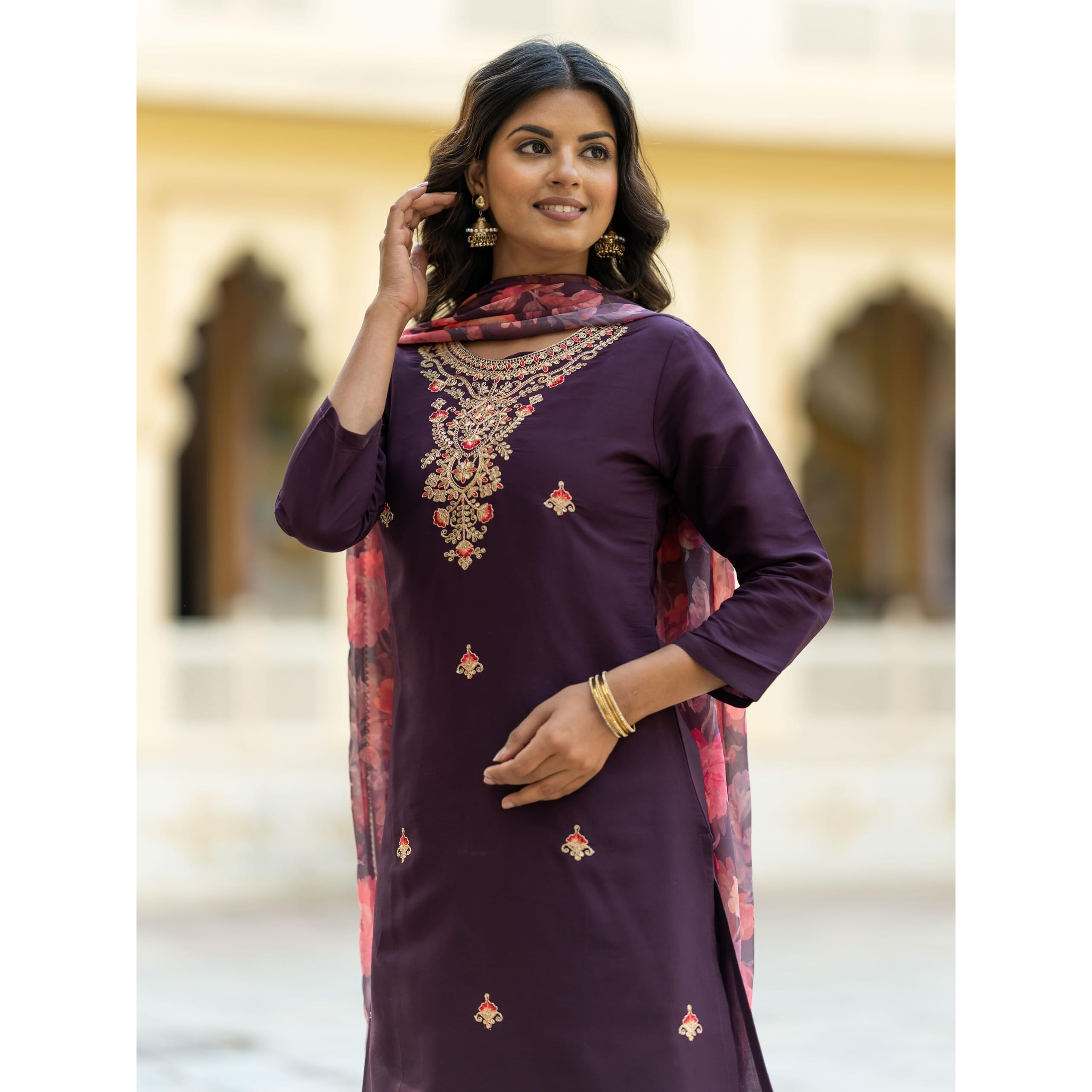 Navlik Women's Rayon Embroidery Printed Straight Kurta with Pant and Dupatta Sets (NK-513) (Size XX-Large, Color Wine)