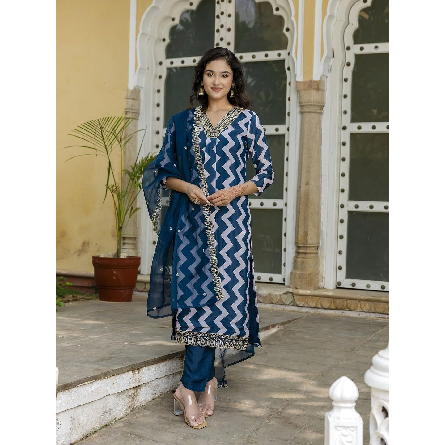 Navlik Women's French Crepe Embroidery Printed Straight Kurta with Pant and Dupatta Sets (NK-541) (Size X-Small, Color Petrol)
