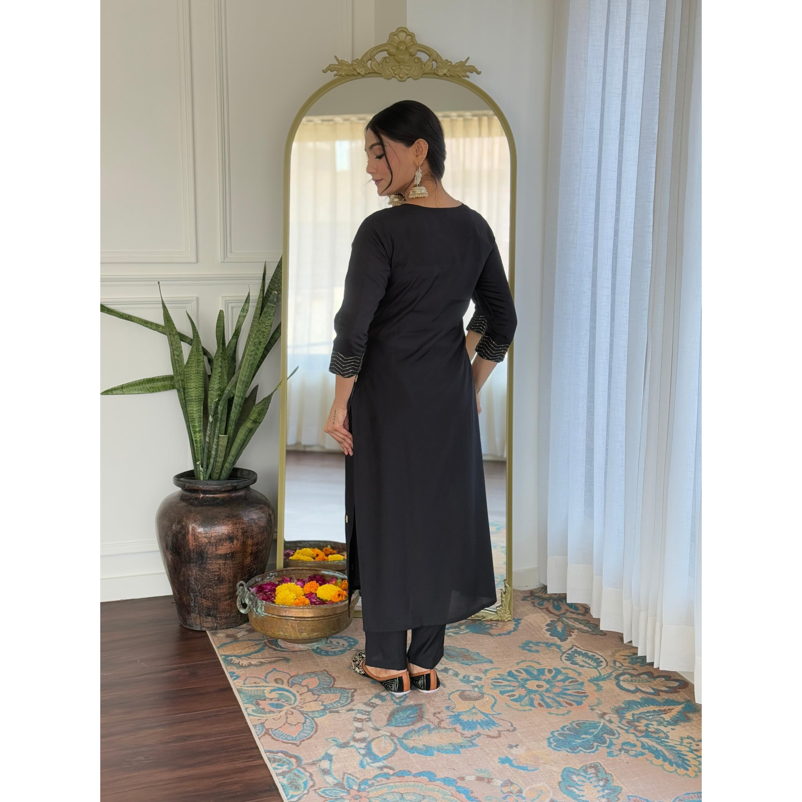 Navlik Women's Rayon Slub Embroidered Straight Kurta with Pant And Dupatta Sets (NK-554) (Size Large, Color Black)
