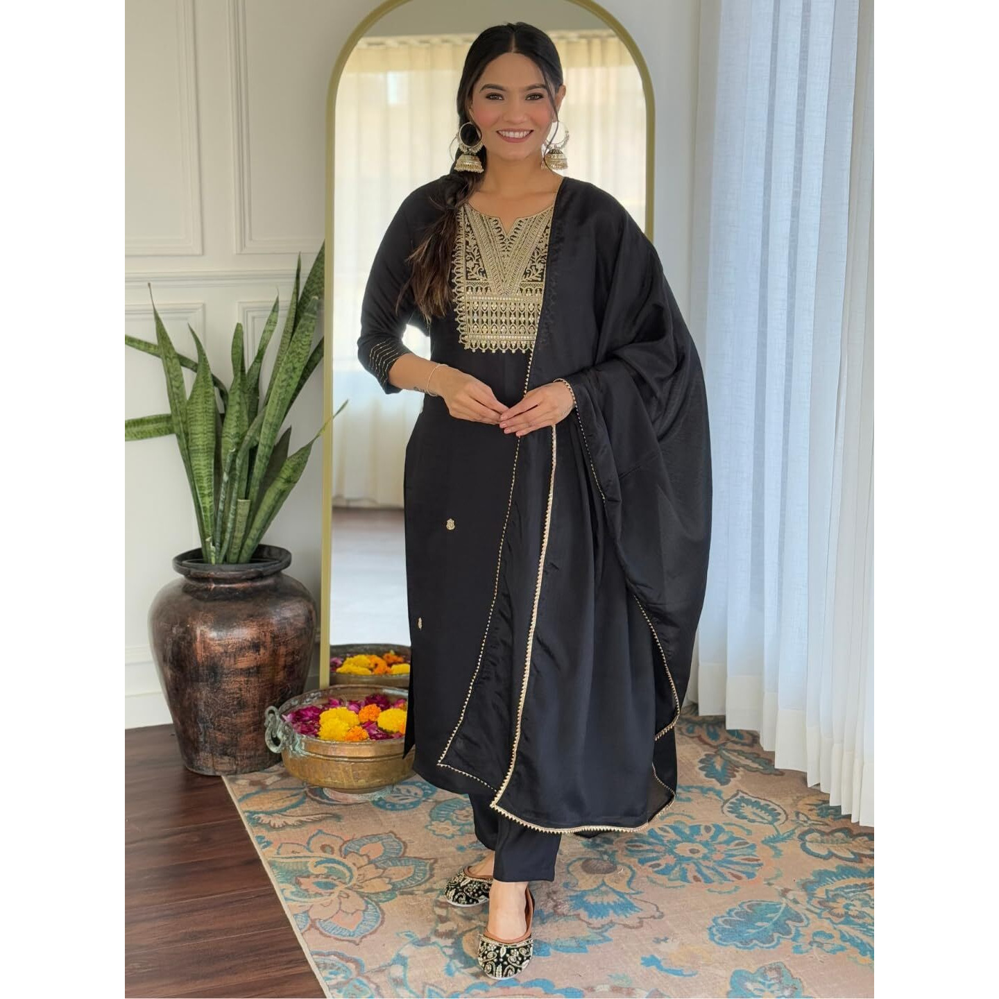 Navlik Women's Rayon Slub Embroidered Straight Kurta with Pant And Dupatta Sets (NK-554) (Size X-Small, Color Black)