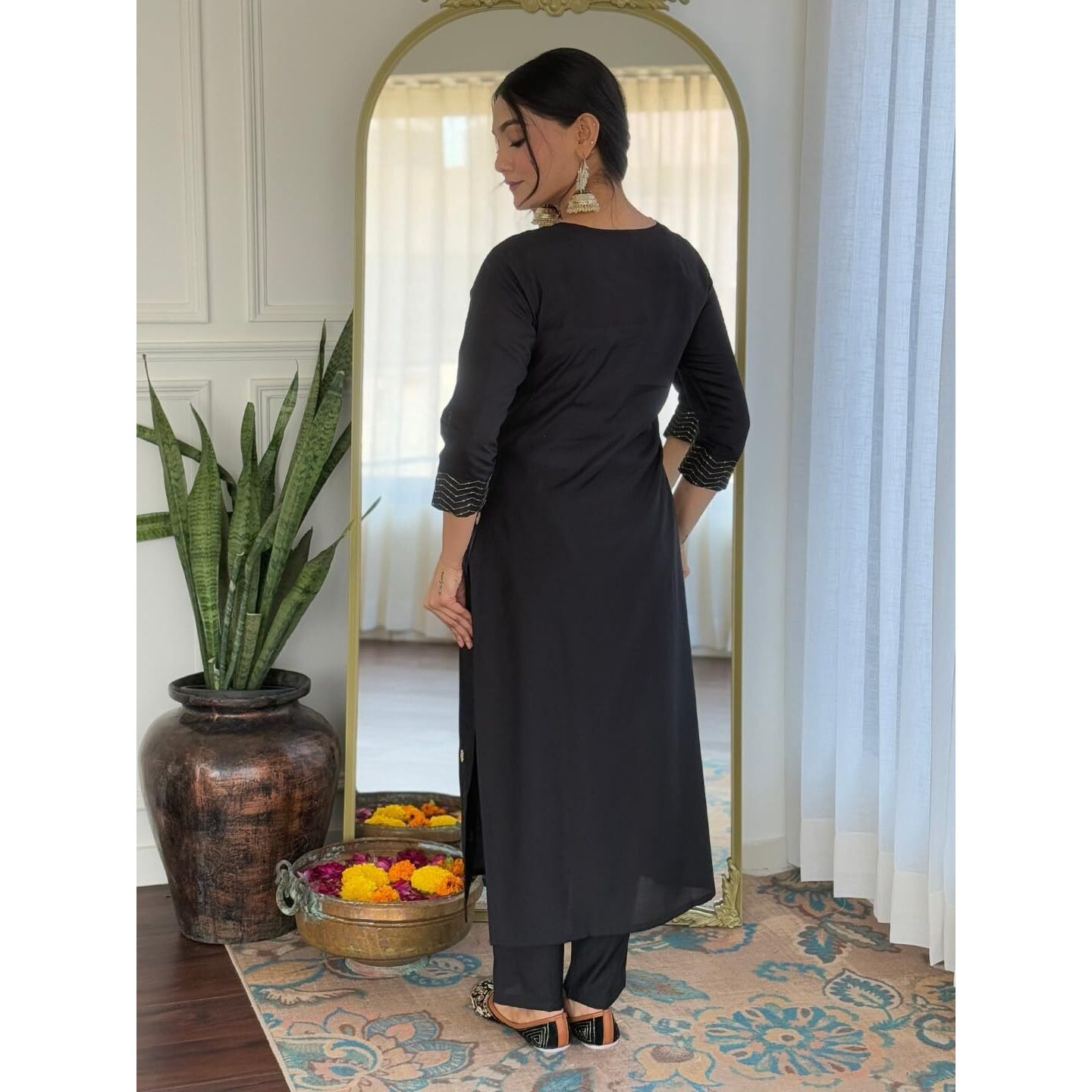 Navlik Women's Rayon Slub Embroidered Straight Kurta with Pant And Dupatta Sets (NK-554) (Size X-Small, Color Black)