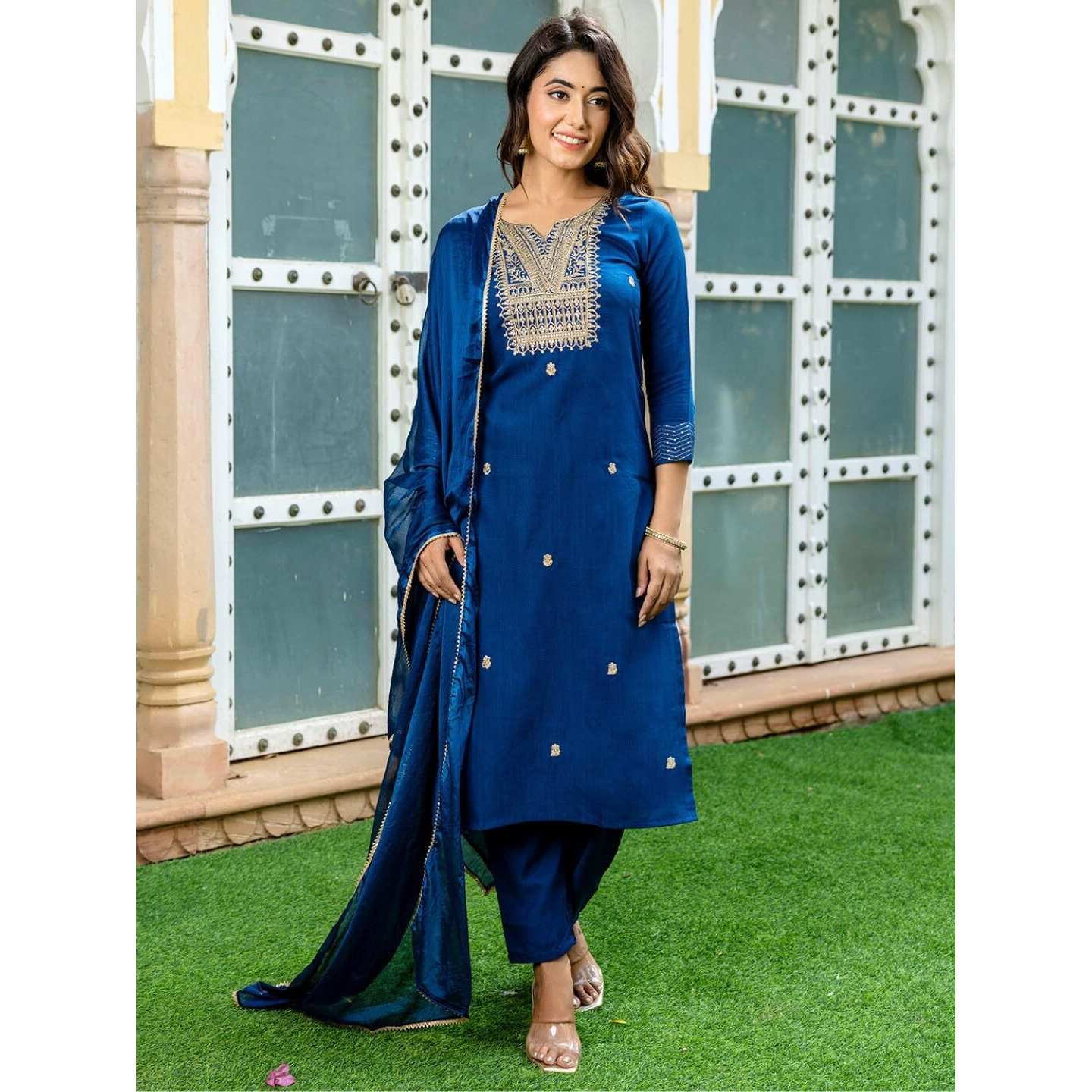 Navlik Women's Rayon Slub Embroidered Straight Kurta with Pant And Dupatta Sets (NK-554) (Size X-Small, Color Blue)