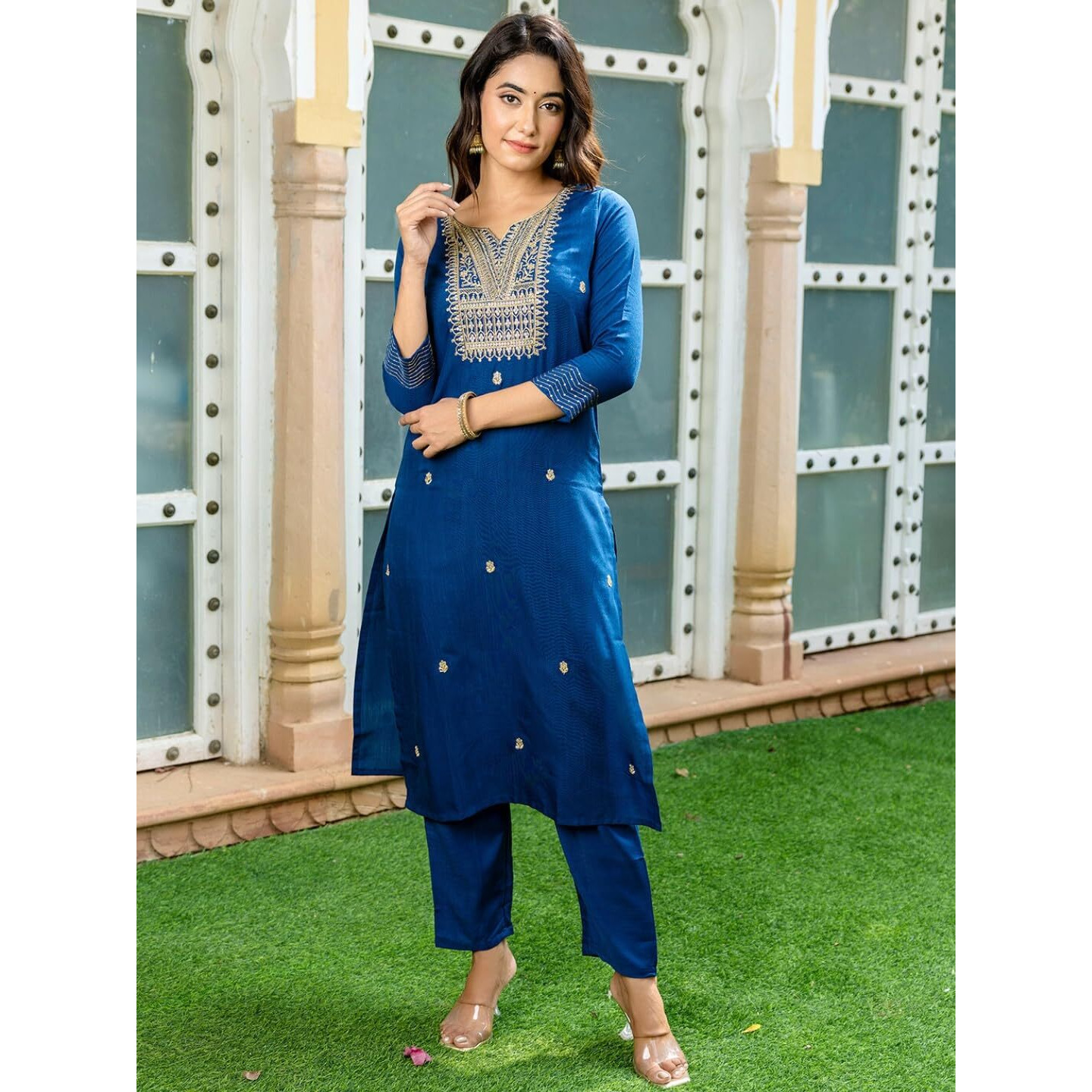 Navlik Women's Rayon Slub Embroidered Straight Kurta with Pant And Dupatta Sets (NK-554) (Size X-Small, Color Blue)