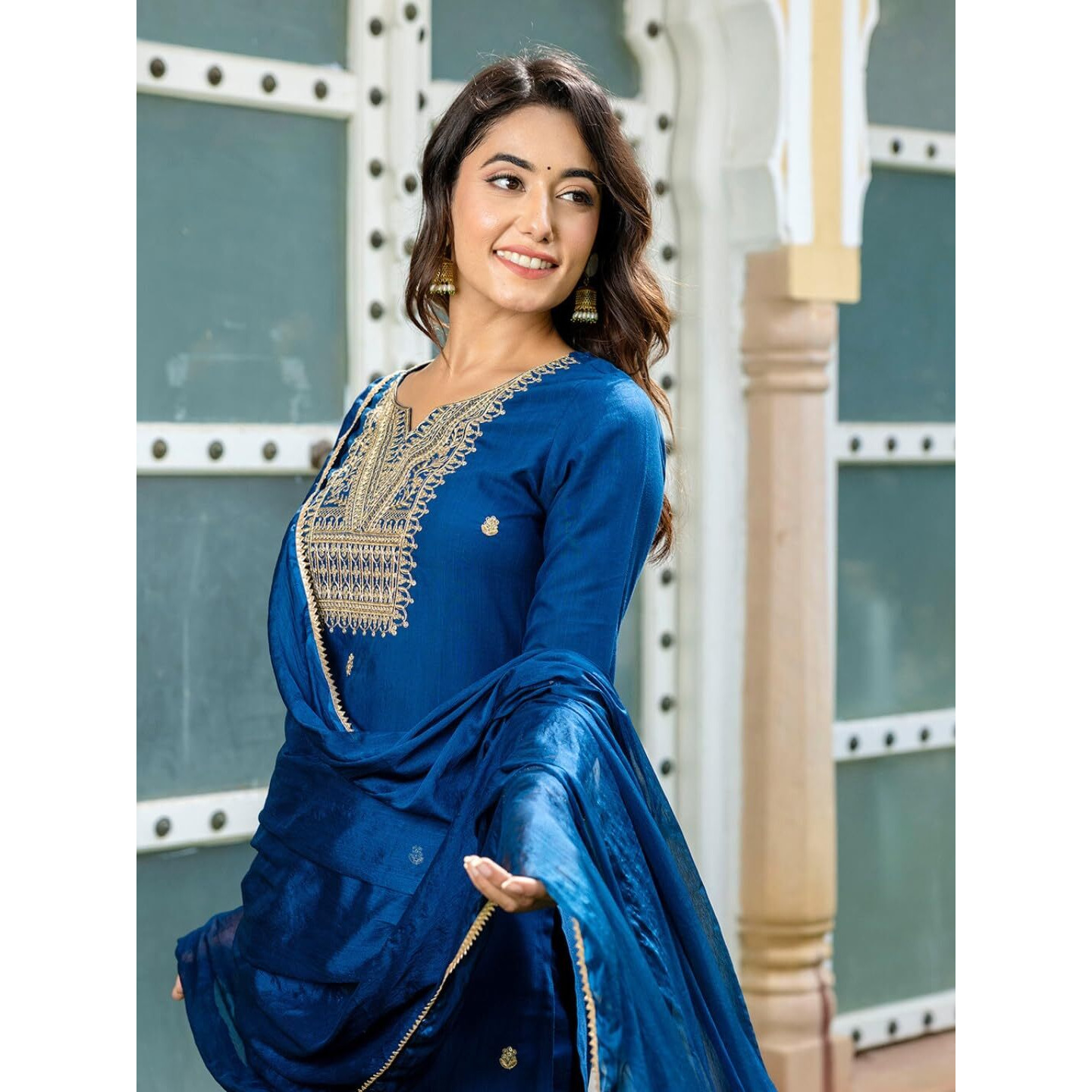 Navlik Women's Rayon Slub Embroidered Straight Kurta with Pant And Dupatta Sets (NK-554) (Size X-Small, Color Blue)