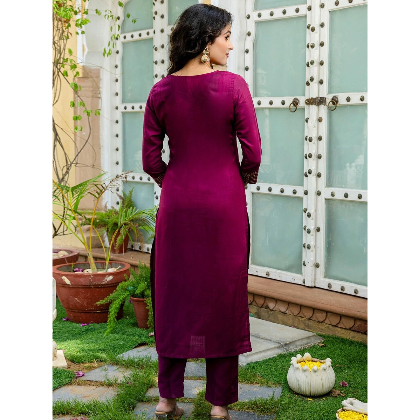 Navlik Women's Rayon Slub Embroidered Straight Kurta with Pant And Dupatta Sets (NK-554) (Size Large, Color Wine)