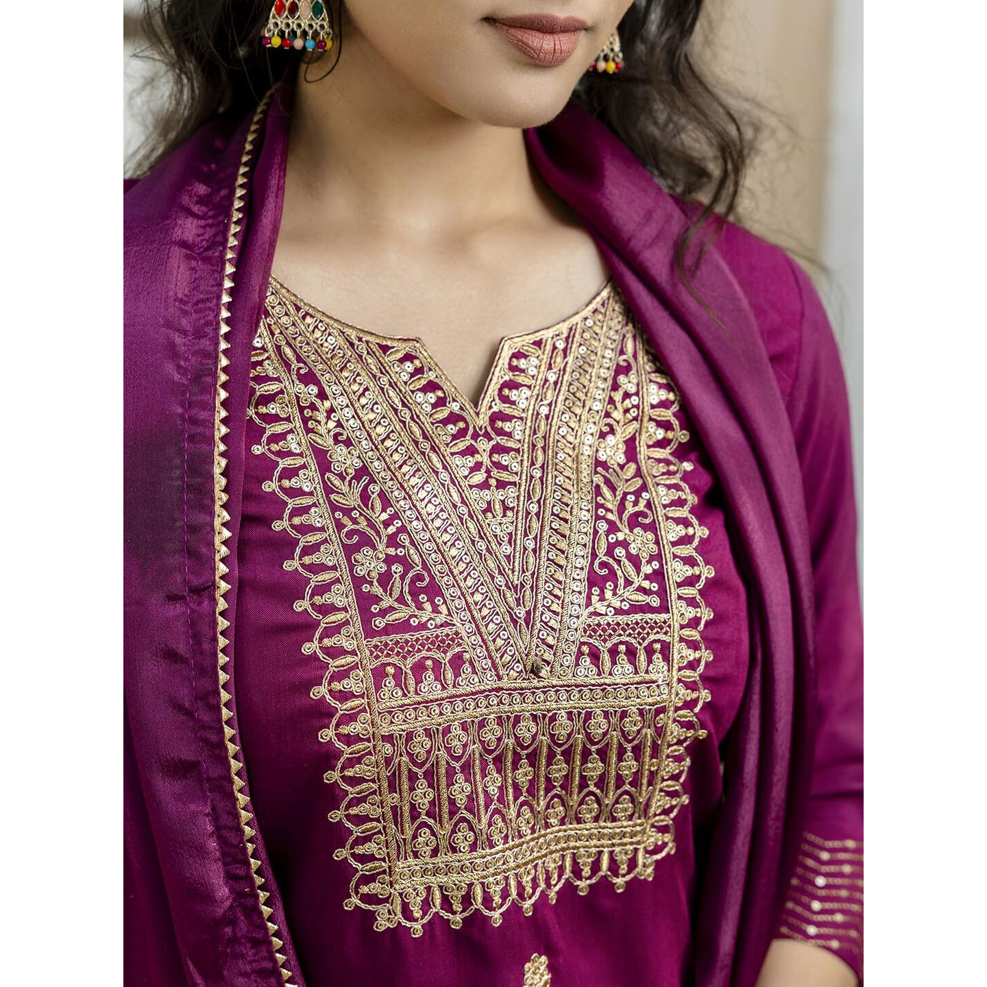 Navlik Women's Rayon Slub Embroidered Straight Kurta with Pant And Dupatta Sets (NK-554) (Size Large, Color Wine)