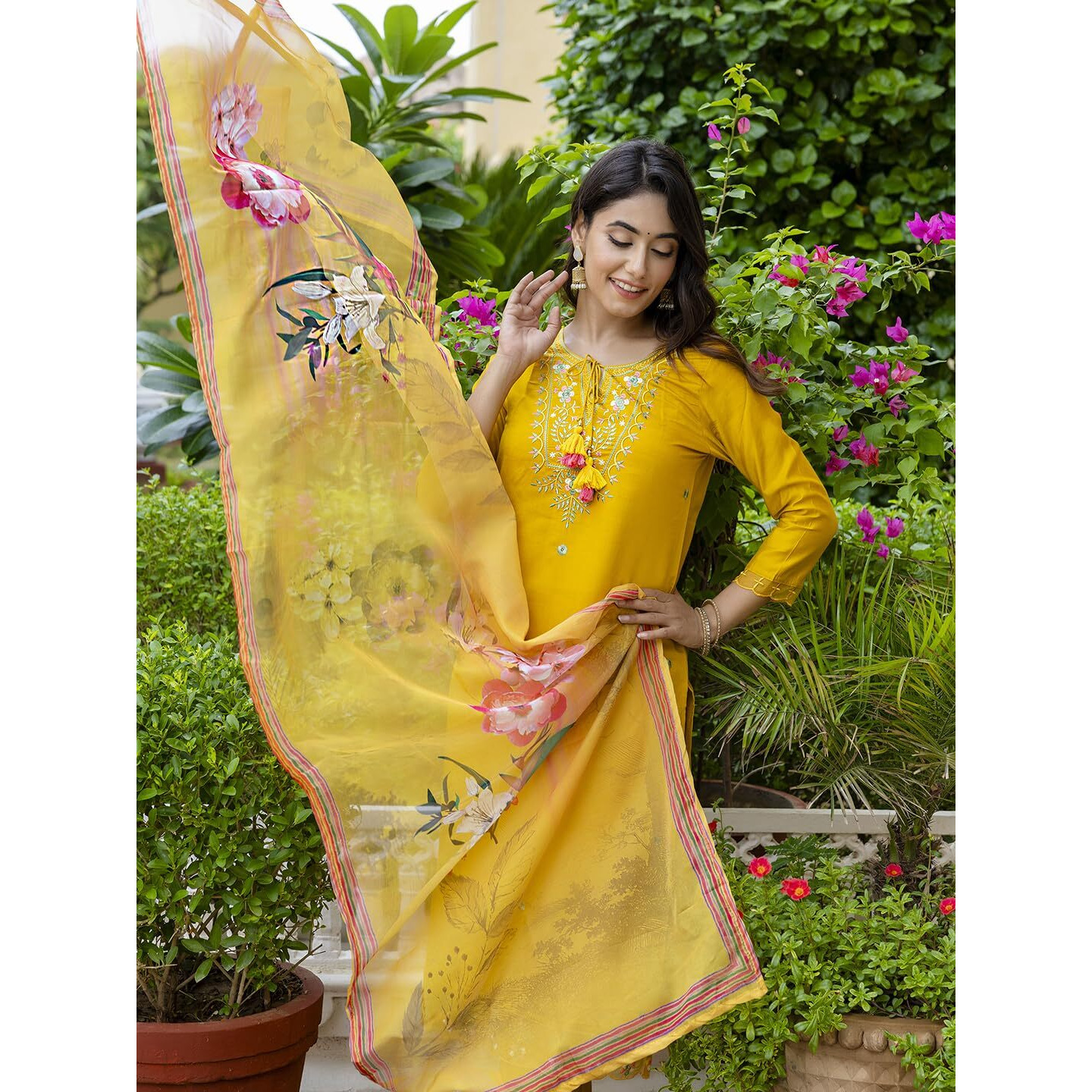 Navlik Women's Chanderi Embroidered Straight Kurta with Pant and Dupatta Sets (NK-556) (Size X-Large, Color Mustard)