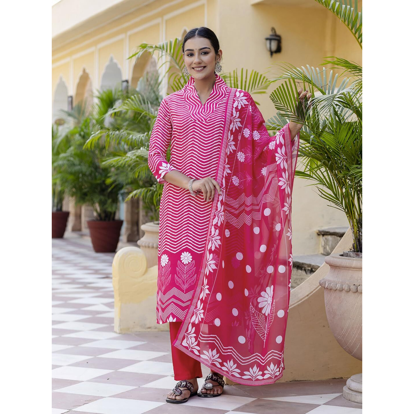 Navlik Women's Rayon Printed Straight Kurta with Pant and Dupatta Sets (NK-558) (Size XX-Large, Color Pink)