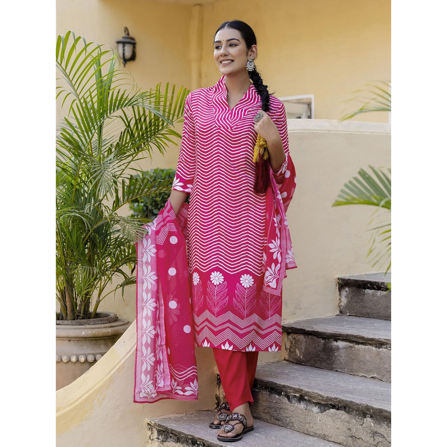 Navlik Women's Rayon Printed Straight Kurta with Pant and Dupatta Sets (NK-558) (Size XX-Large, Color Pink)