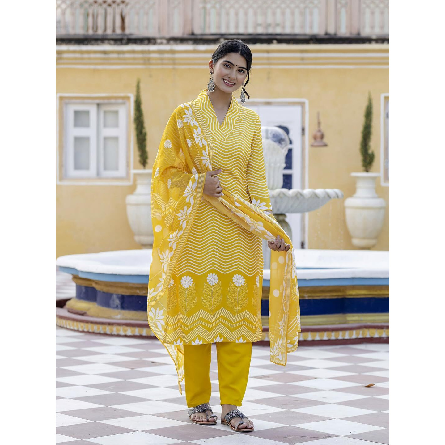 Navlik Women's Rayon Printed Straight Kurta with Pant and Dupatta Sets (NK-558) (Size Medium, Color Yellow)