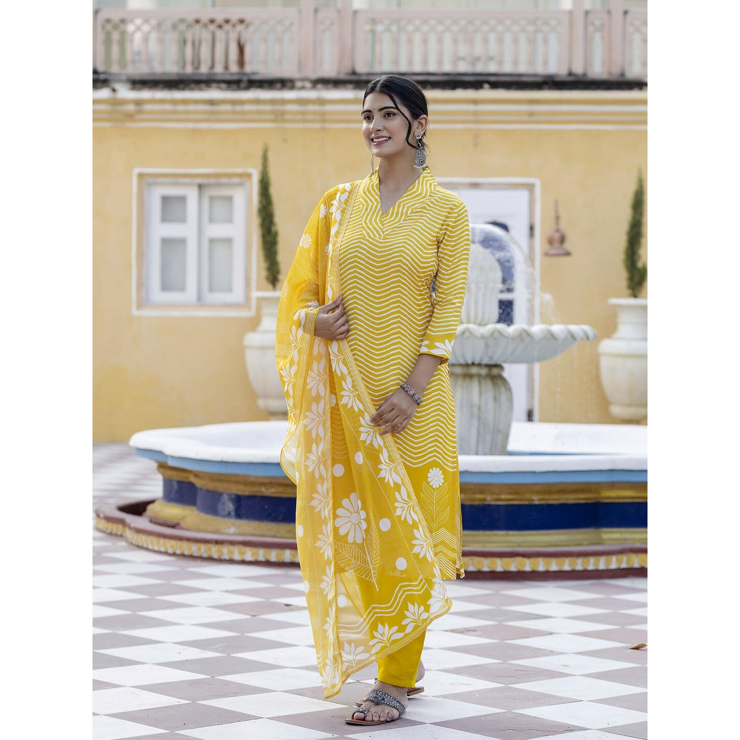 Navlik Women's Rayon Printed Straight Kurta with Pant and Dupatta Sets (NK-558) (Size Medium, Color Yellow)