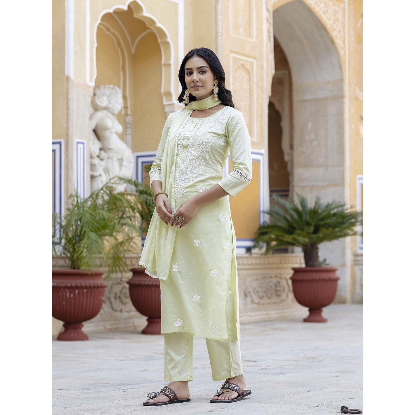 Navlik Women's Cotton Embroidered Straight Kurta with Pant And Dupatta Sets (NK-572) (Size XXX-Large, Color Light Yellow)