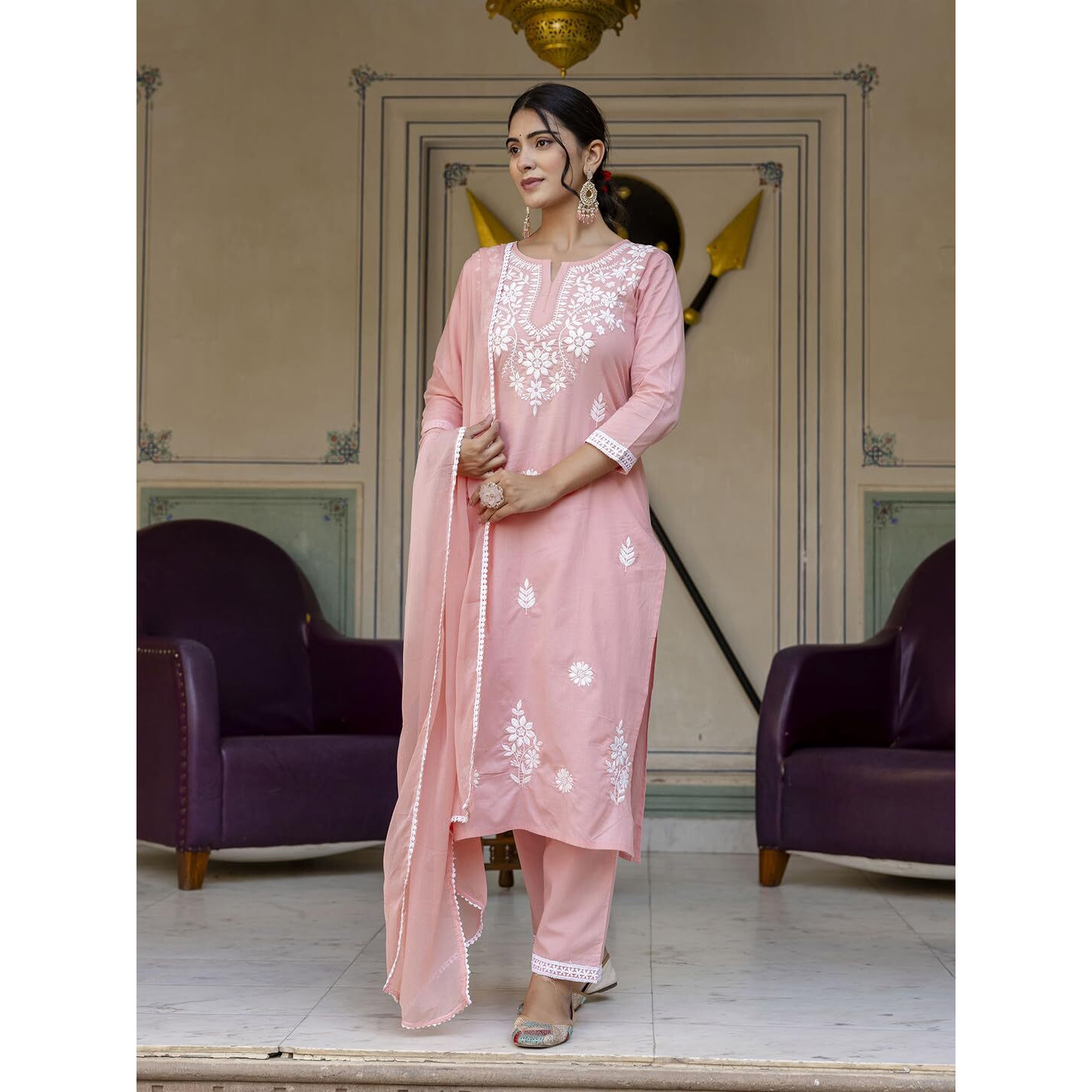 Navlik Women's Pure Cotton Embroidered Straight Kurta with Pant And Dupatta Sets (NK-574) (Size Medium, Color Peach)