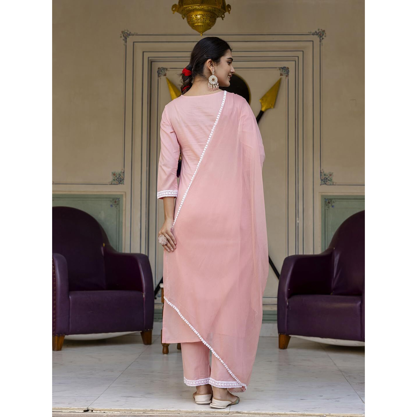 Navlik Women's Pure Cotton Embroidered Straight Kurta with Pant And Dupatta Sets (NK-574) (Size Medium, Color Peach)