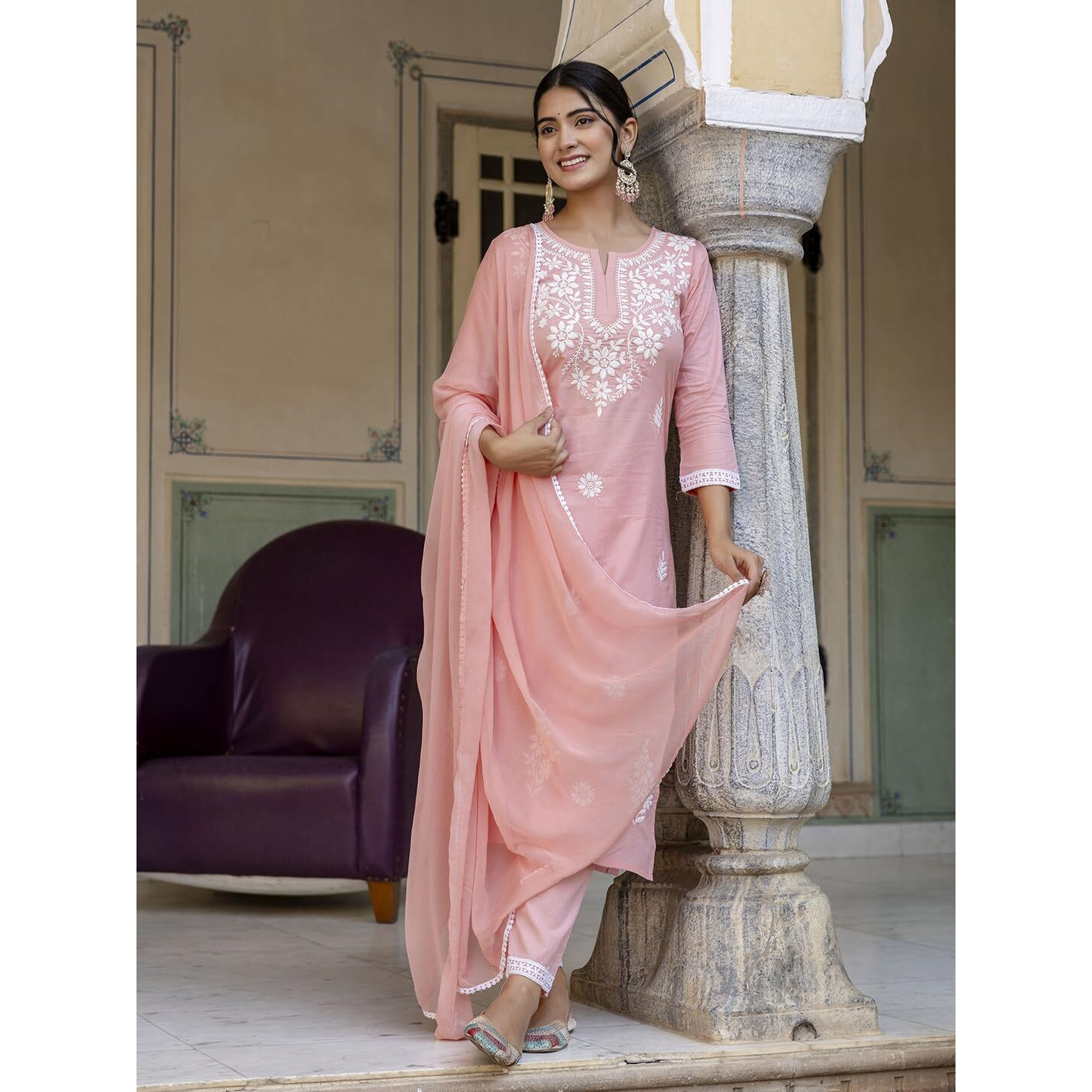 Navlik Women's Pure Cotton Embroidered Straight Kurta with Pant And Dupatta Sets (NK-574) (Size Medium, Color Peach)