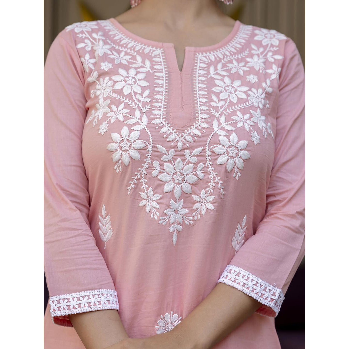 Navlik Women's Pure Cotton Embroidered Straight Kurta with Pant And Dupatta Sets (NK-574) (Size Medium, Color Peach)