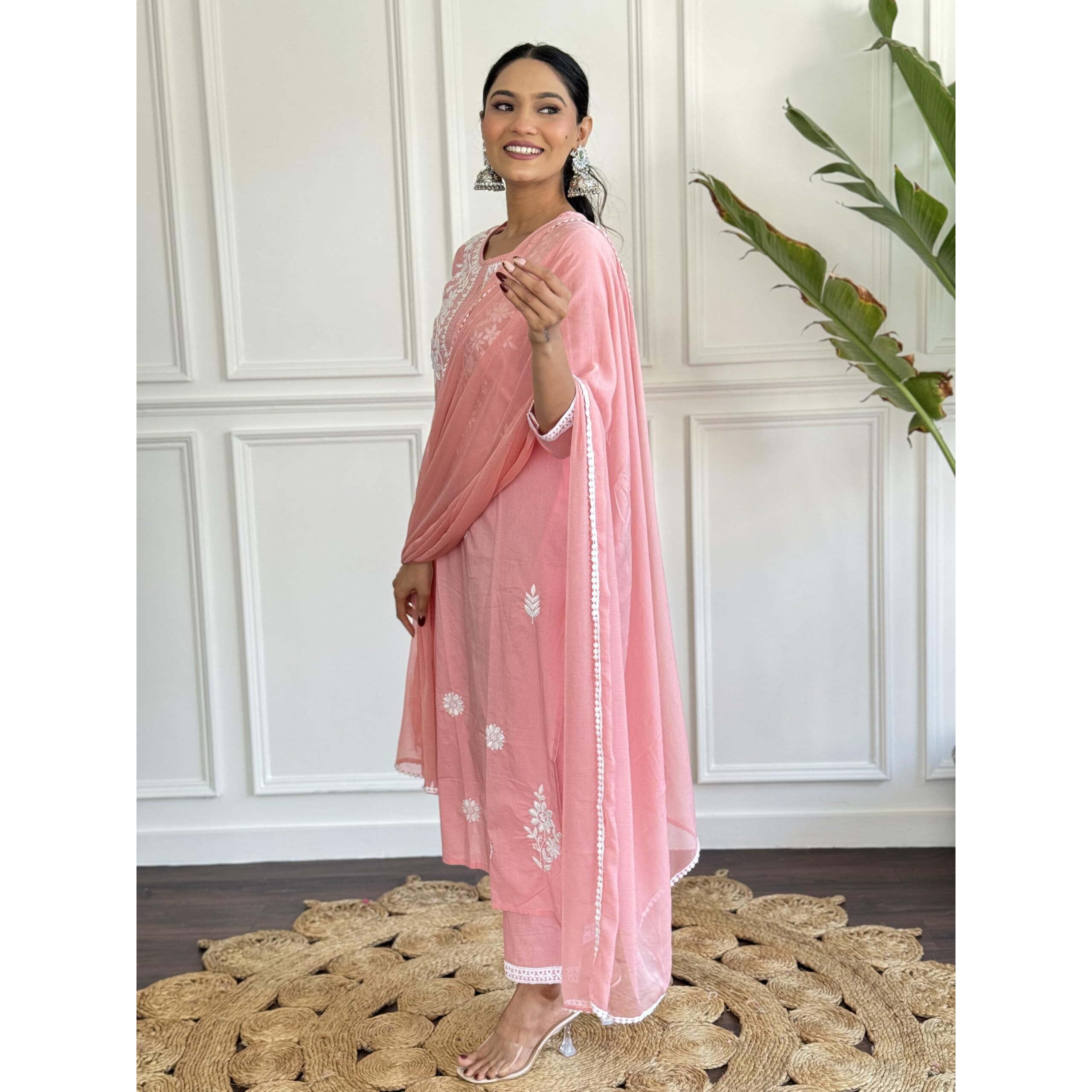 Navlik Women's Pure Cotton Embroidered Straight Kurta with Pant And Dupatta Sets (NK-574) (Size X-Small, Color Peach)