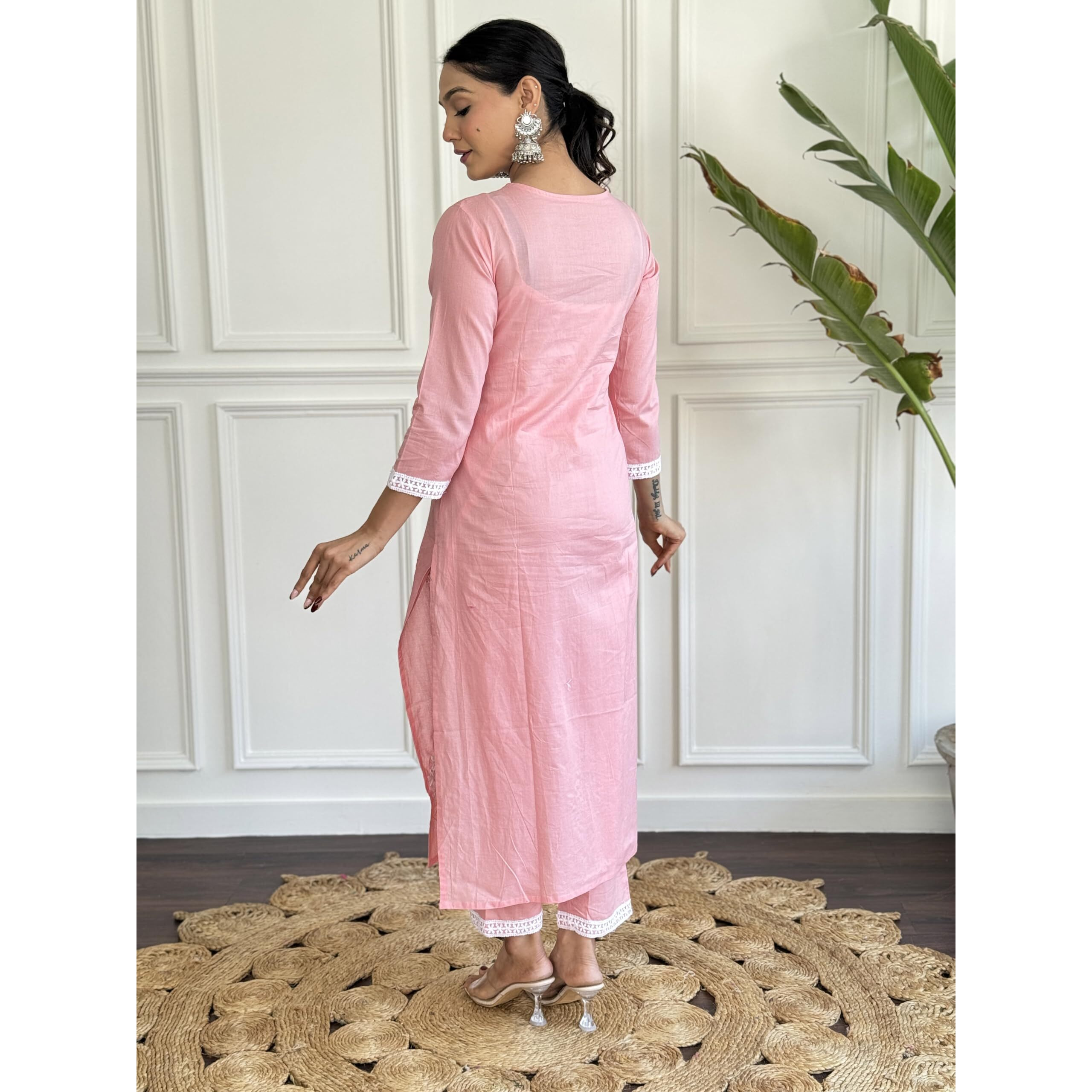 Navlik Women's Pure Cotton Embroidered Straight Kurta with Pant And Dupatta Sets (NK-574) (Size X-Small, Color Peach)