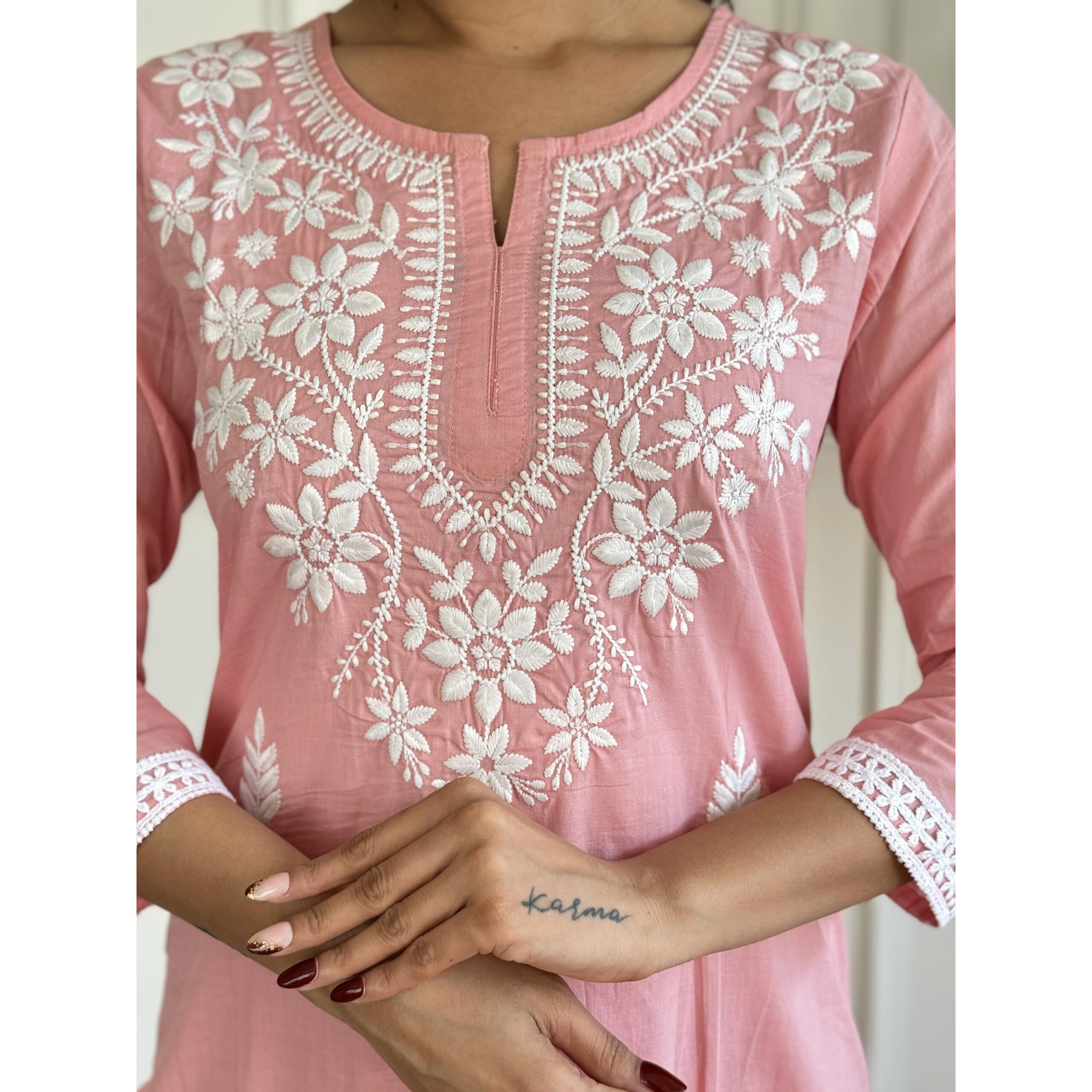 Navlik Women's Pure Cotton Embroidered Straight Kurta with Pant And Dupatta Sets (NK-574) (Size X-Small, Color Peach)