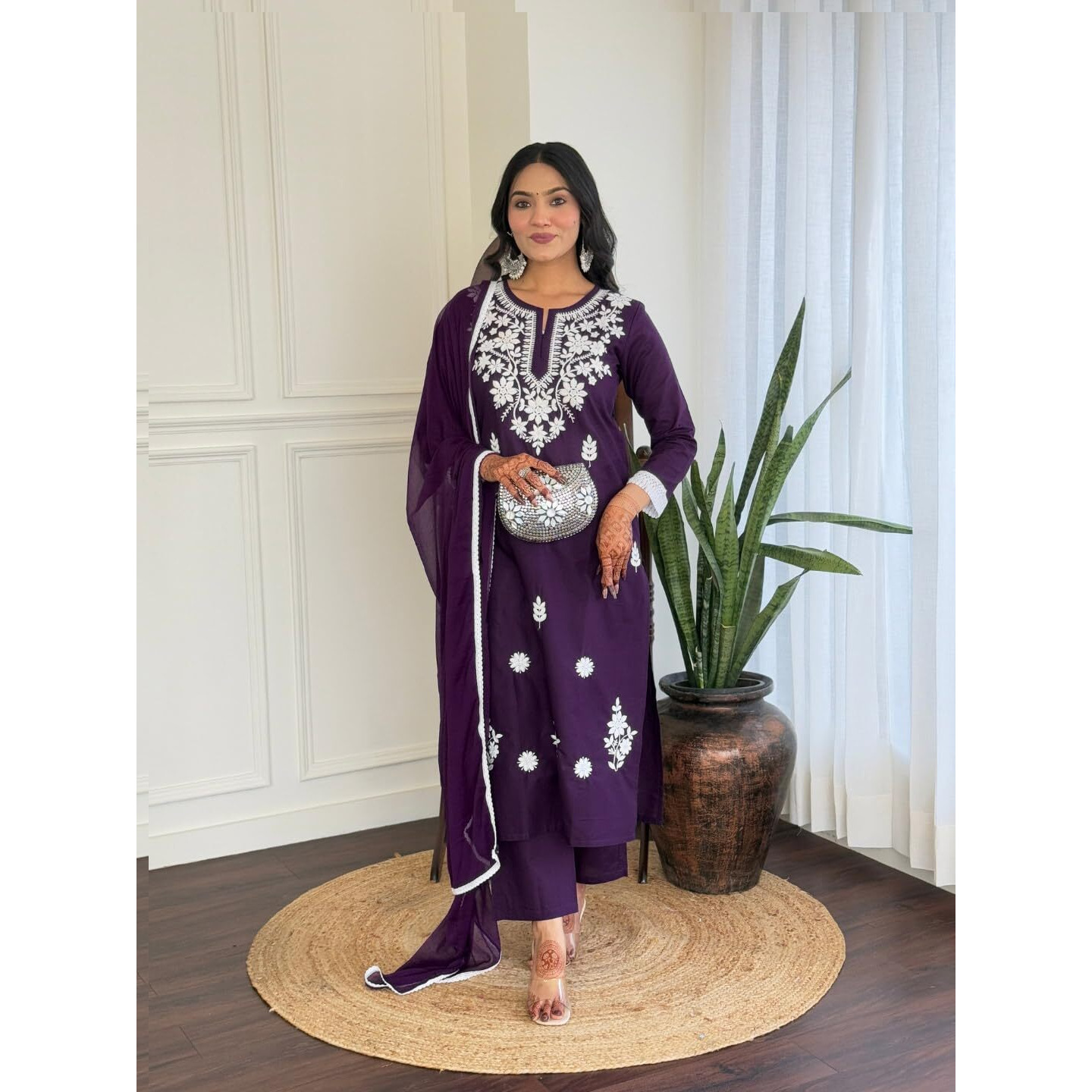 Navlik Women's Pure Cotton Embroidered Straight Kurta with Pant And Dupatta Sets (NK-574) (Size Small, Color Violate)