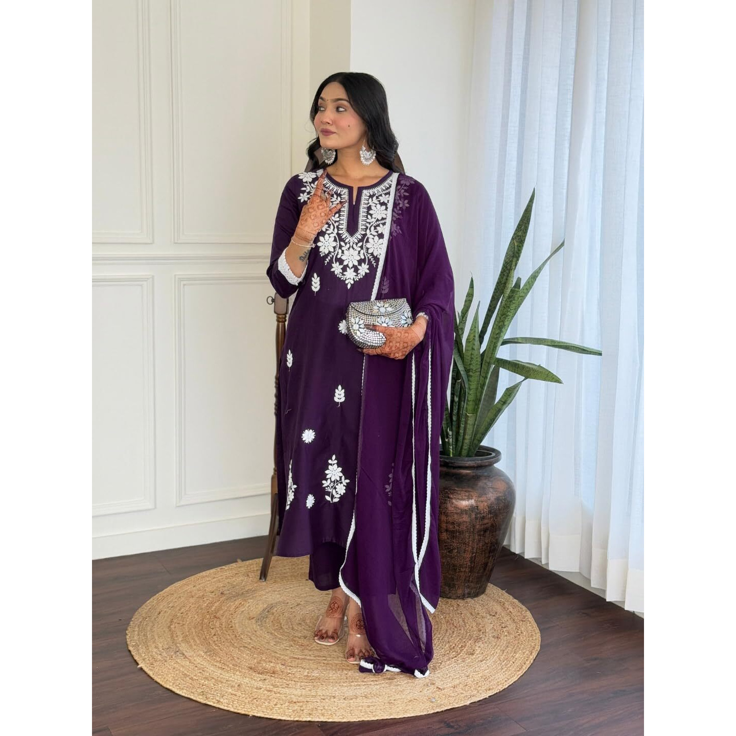Navlik Women's Pure Cotton Embroidered Straight Kurta with Pant And Dupatta Sets (NK-574) (Size Small, Color Violate)