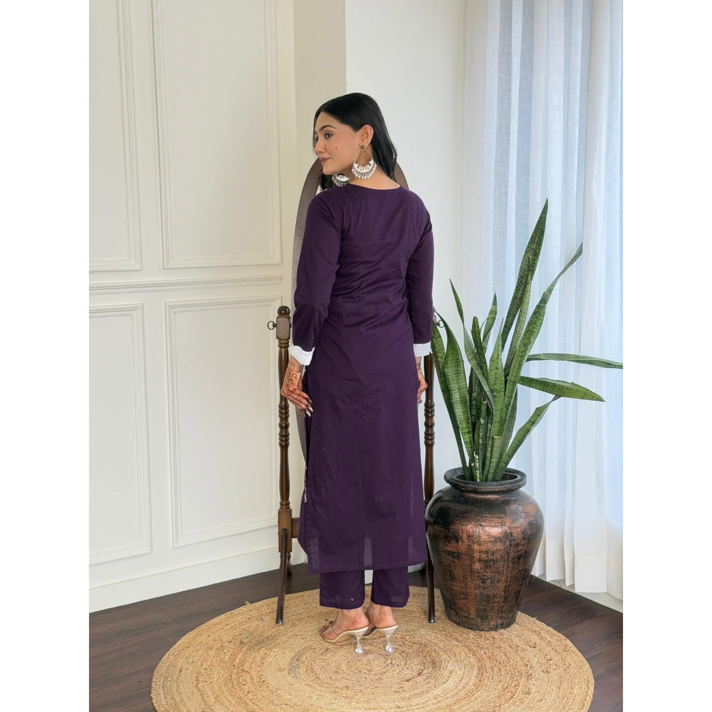 Navlik Women's Pure Cotton Embroidered Straight Kurta with Pant And Dupatta Sets (NK-574) (Size Small, Color Violate)