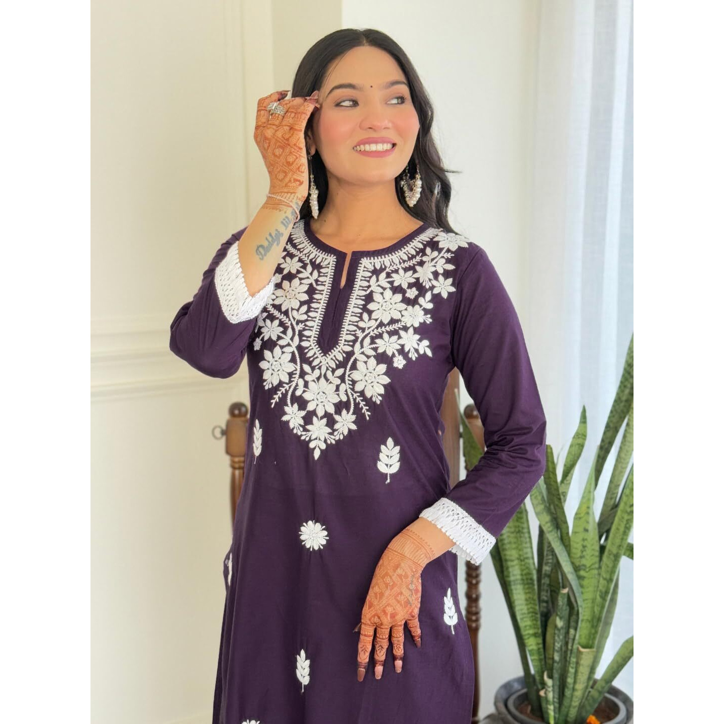 Navlik Women's Pure Cotton Embroidered Straight Kurta with Pant And Dupatta Sets (NK-574) (Size Small, Color Violate)
