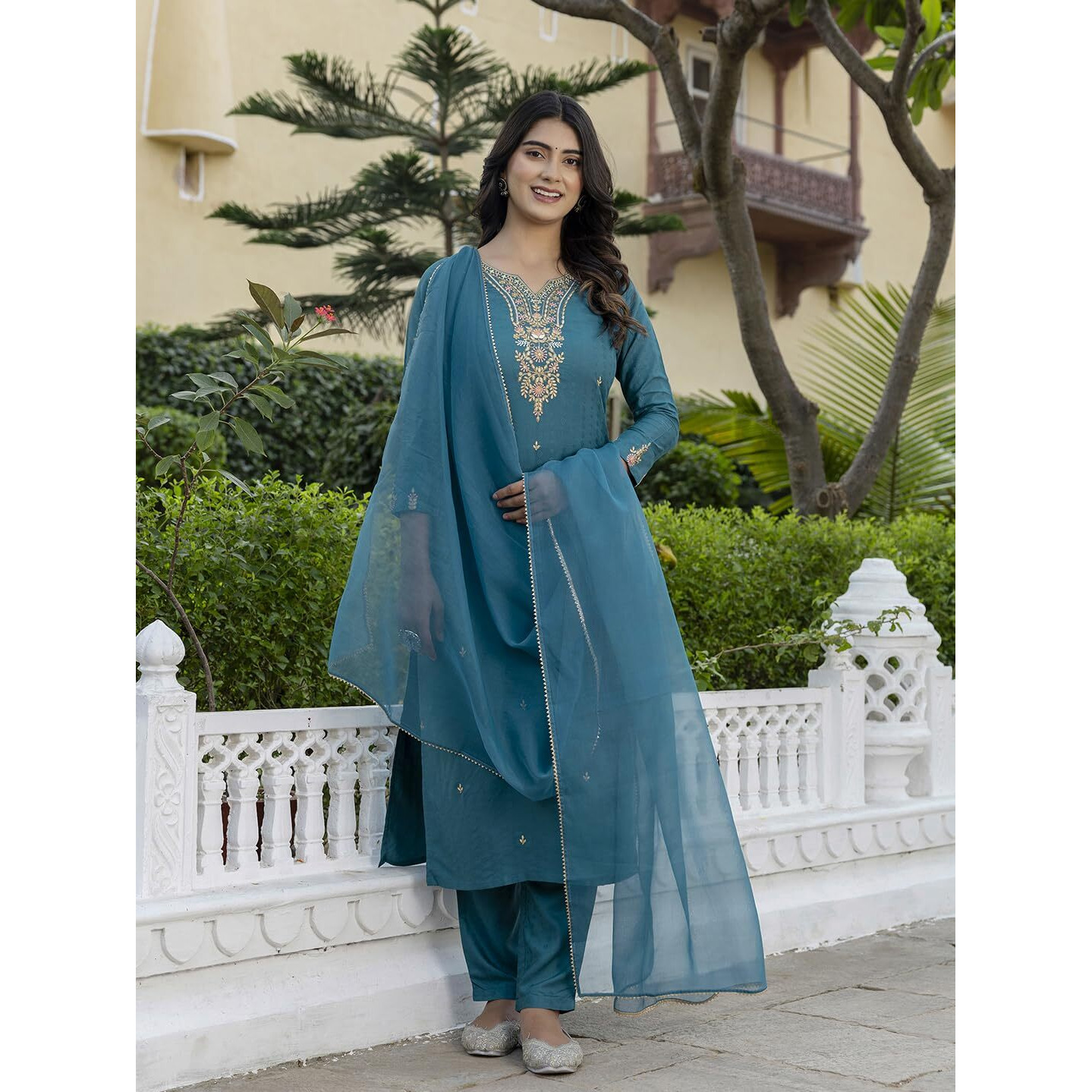 Navlik Women's Viscose Rayon Embroidered Straight Kurta with Pant and Dupatta Sets (NK-577) (Size XXX-Large, Color Rama)