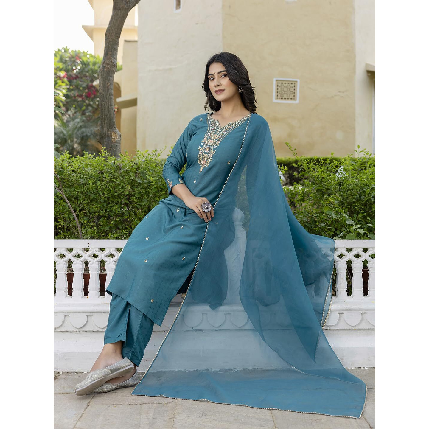 Navlik Women's Viscose Rayon Embroidered Straight Kurta with Pant and Dupatta Sets (NK-577) (Size XXX-Large, Color Rama)