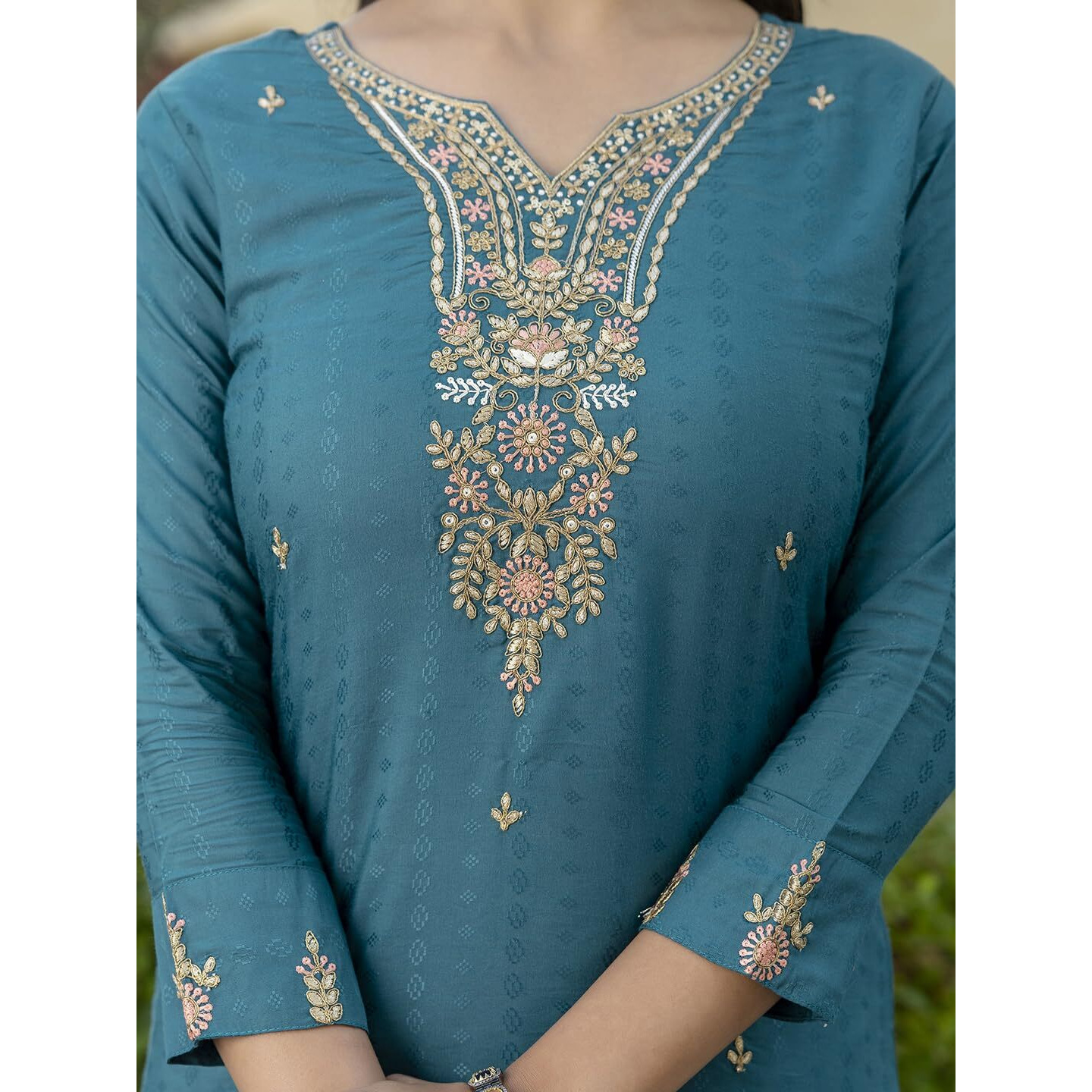 Navlik Women's Viscose Rayon Embroidered Straight Kurta with Pant and Dupatta Sets (NK-577) (Size XXX-Large, Color Rama)