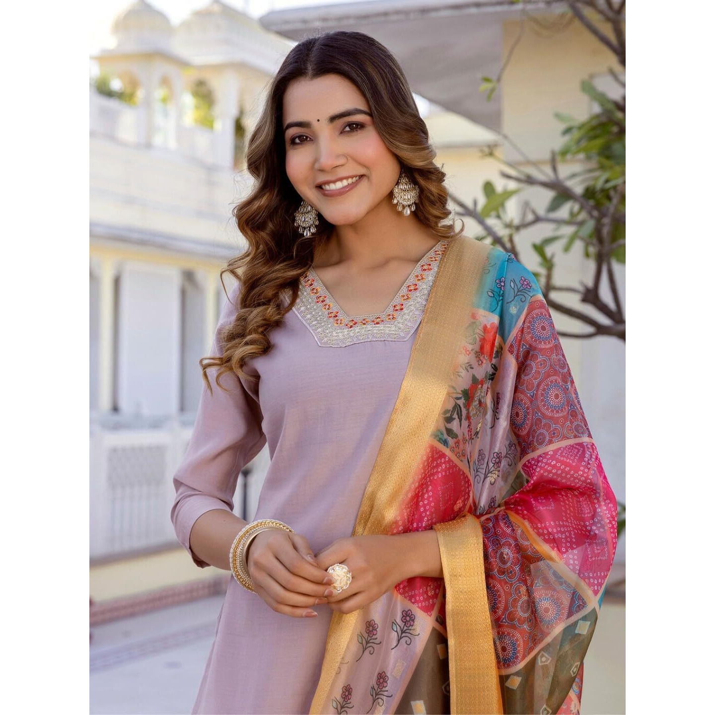 Navlik Women's Embroidered Straight Kurta with Pant and Dupatta Sets (578) (Size Large, Color Chiku)